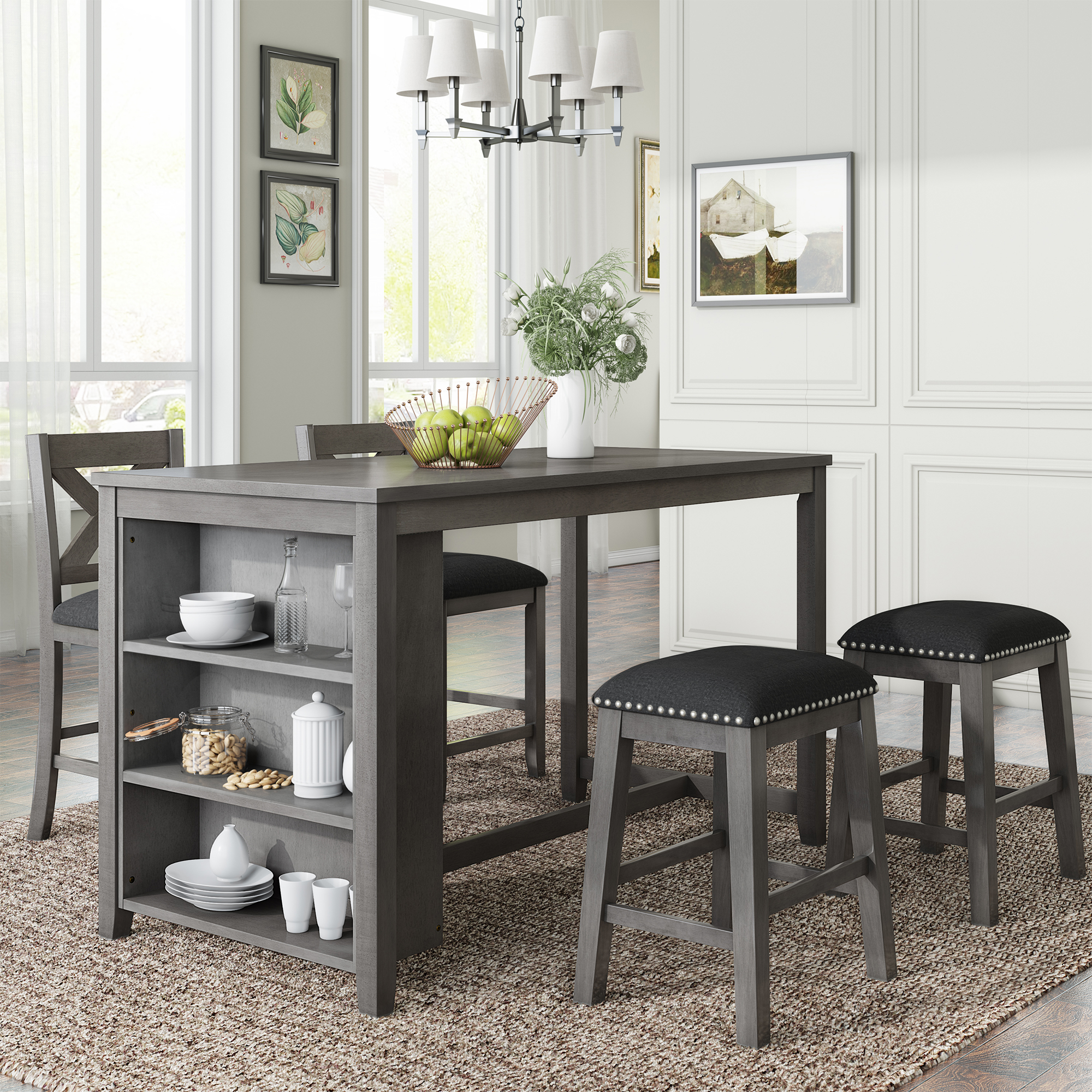 TOPMAX 5 Pieces Counter Height Rustic Farmhouse Dining Room Wooden Bar Table Set with 2 stools and 2 Chairs, Gray - Image 4