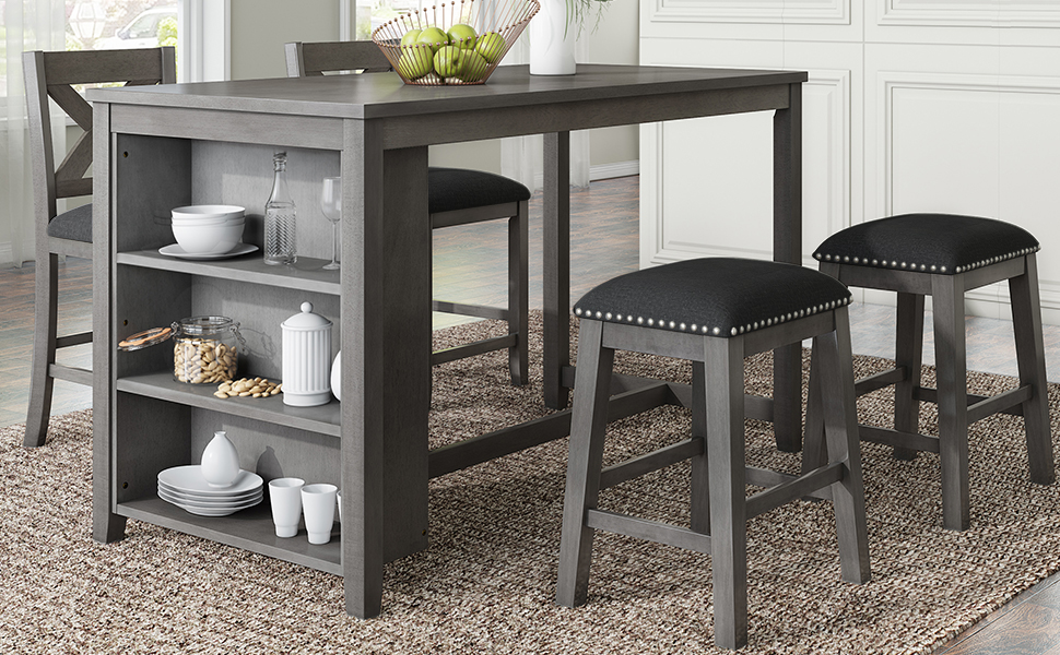 TOPMAX 5 Pieces Counter Height Rustic Farmhouse Dining Room Wooden Bar Table Set with 2 stools and 2 Chairs, Gray - Image 3