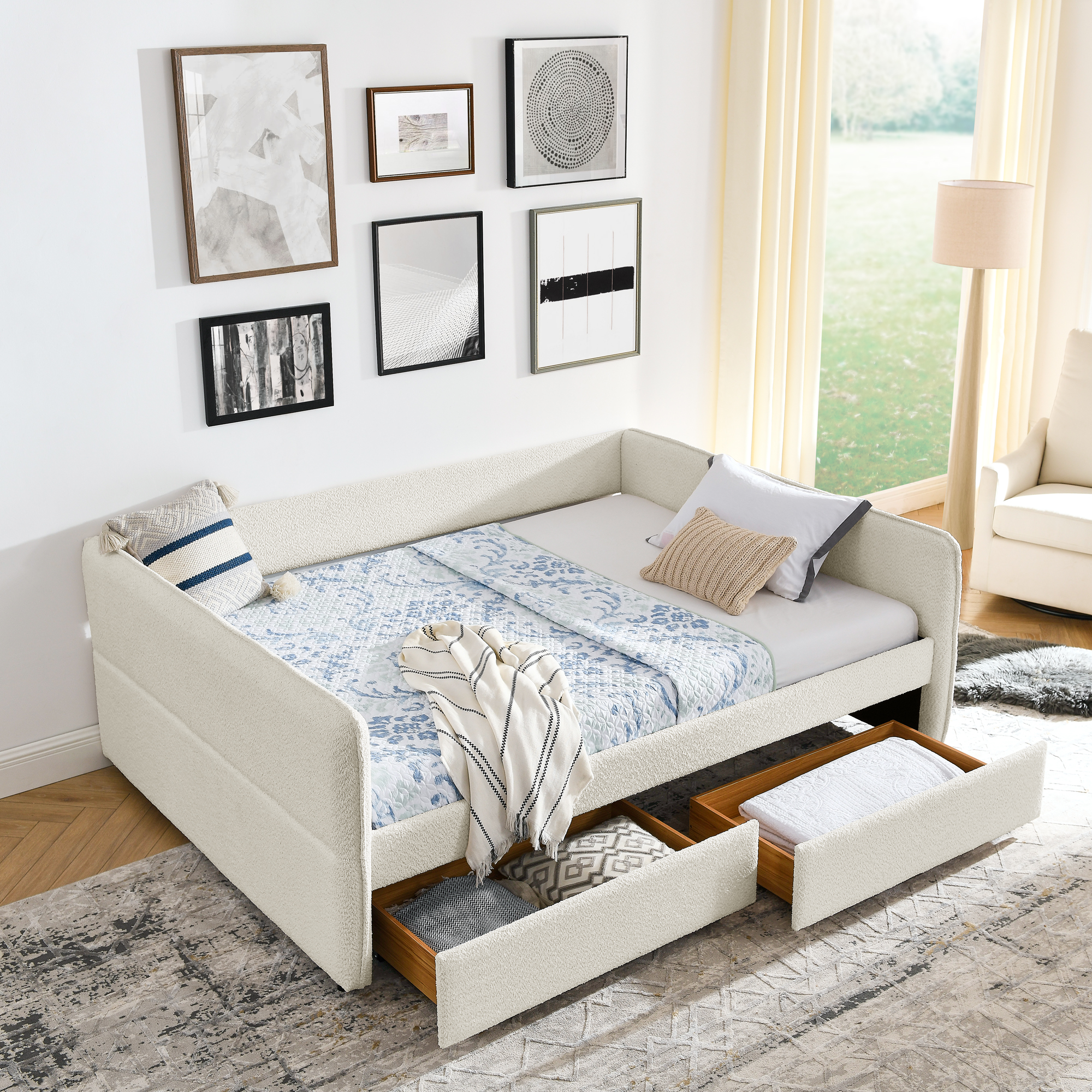 Daybed with Trundle Upholstered Tufted Sofa Bed, with Two Drawers, Queen Size, Boucle Fabric, Beige(88″x65.5″x29.5″)