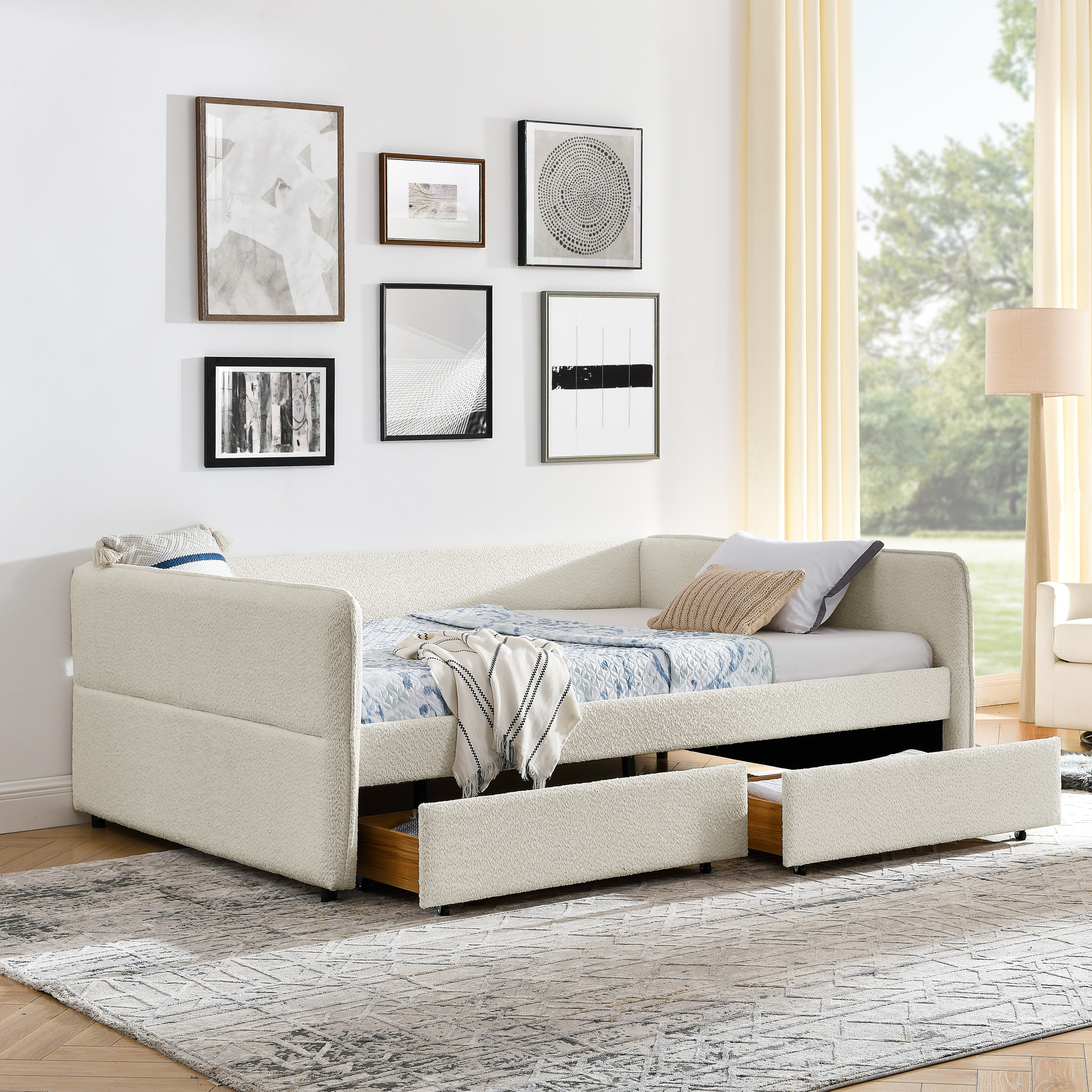 Daybed with Trundle Upholstered Tufted Sofa Bed, with Two Drawers, Queen Size, Boucle Fabric, Beige(88"x65.5"x29.5") - Image 2