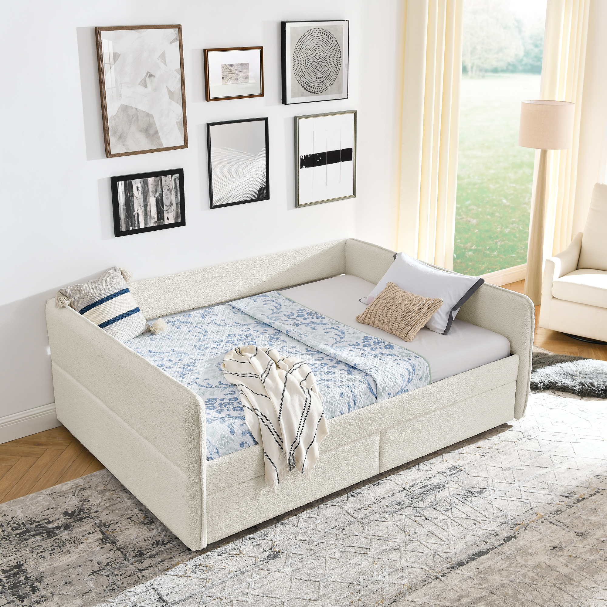 Daybed with Trundle Upholstered Tufted Sofa Bed, with Two Drawers, Queen Size, Boucle Fabric, Beige(88"x65.5"x29.5") - Image 3