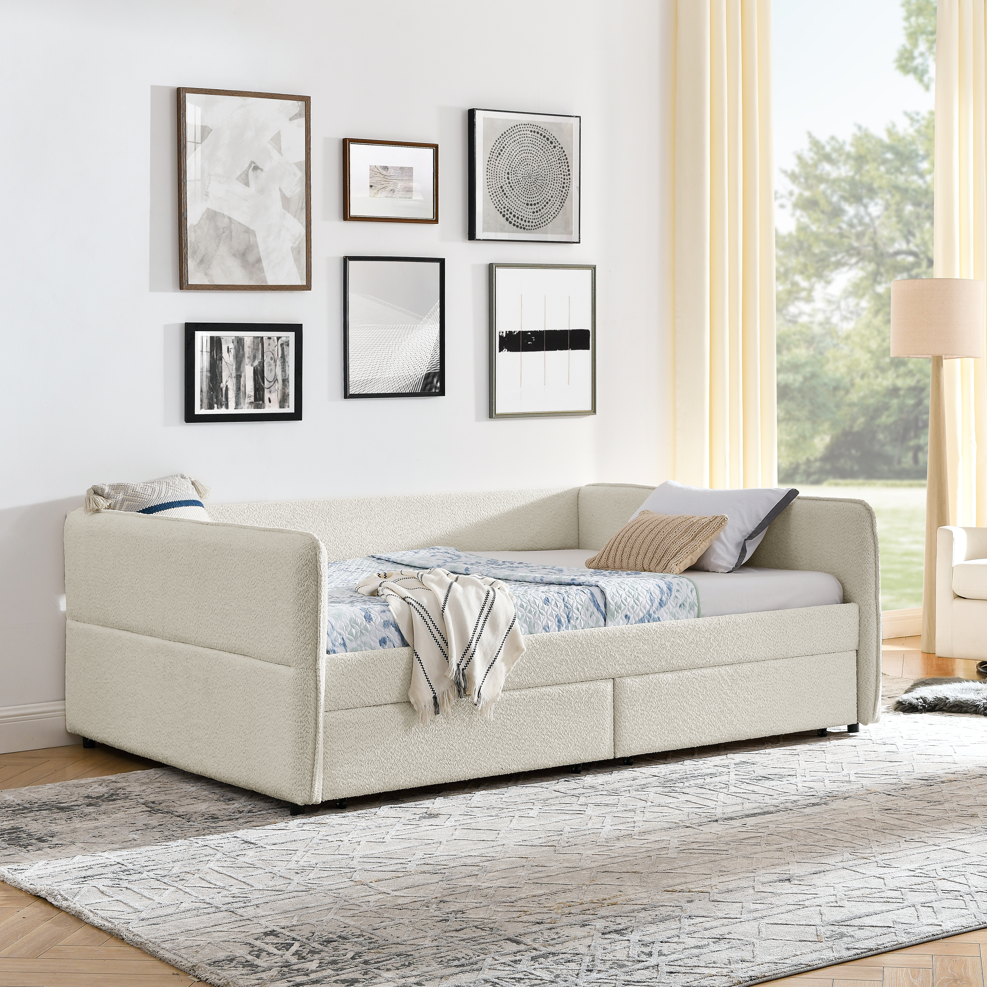 Daybed with Trundle Upholstered Tufted Sofa Bed, with Two Drawers, Queen Size, Boucle Fabric, Beige(88"x65.5"x29.5") - Image 4
