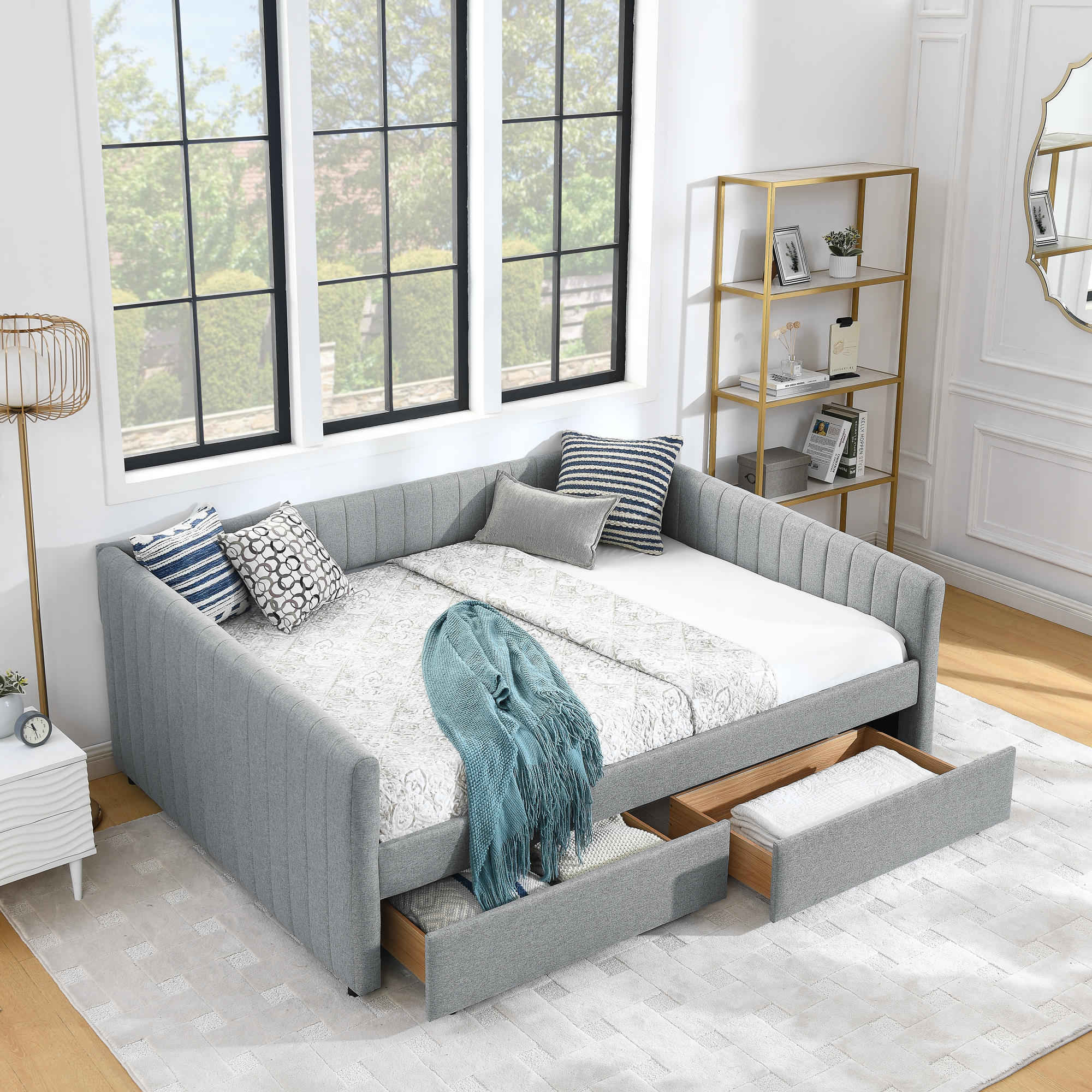 Queen Size Daybed with Two Drawers Trundle Upholstered Sofa Bed, with Vertical Stripes Linen Fabric, Grey (86.5″x65″x30″)