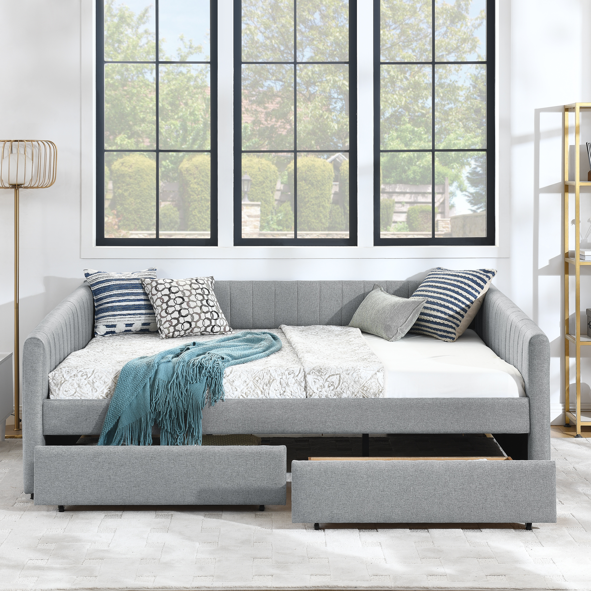Queen Size Daybed with Two Drawers Trundle Upholstered Sofa Bed, with Vertical Stripes Linen Fabric, Grey (86.5"x65"x30") - Image 3