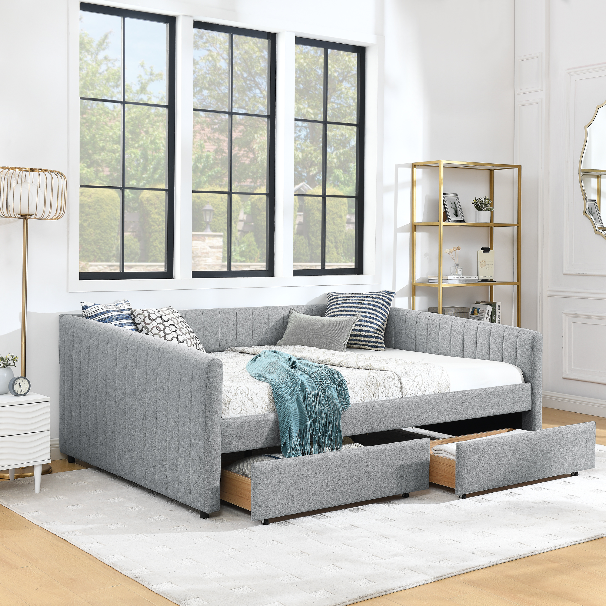 Queen Size Daybed with Two Drawers Trundle Upholstered Sofa Bed, with Vertical Stripes Linen Fabric, Grey (86.5"x65"x30") - Image 2