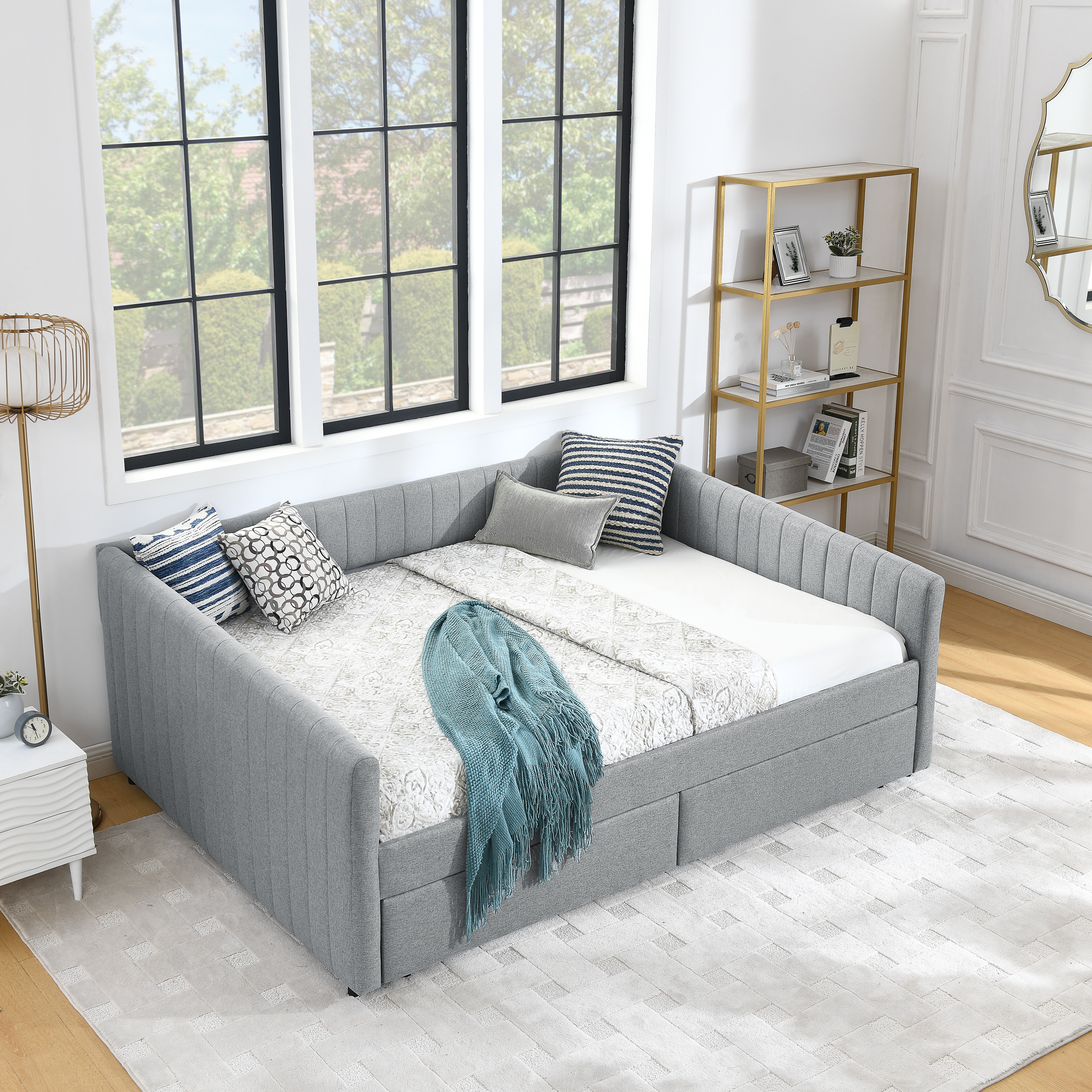Queen Size Daybed with Two Drawers Trundle Upholstered Sofa Bed, with Vertical Stripes Linen Fabric, Grey (86.5"x65"x30") - Image 4