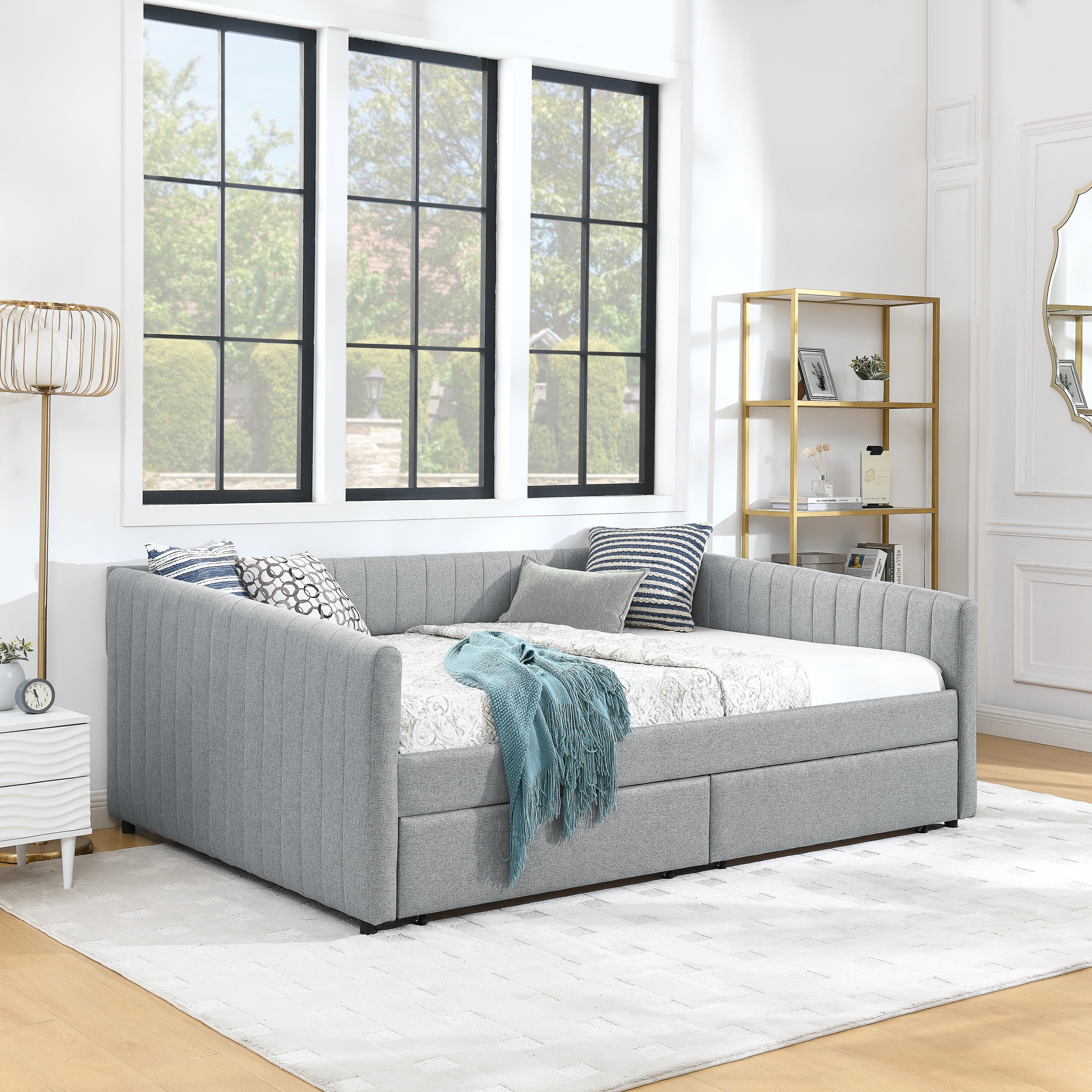 Queen Size Daybed with Two Drawers Trundle Upholstered Sofa Bed, with Vertical Stripes Linen Fabric, Grey (86.5"x65"x30") - Image 5