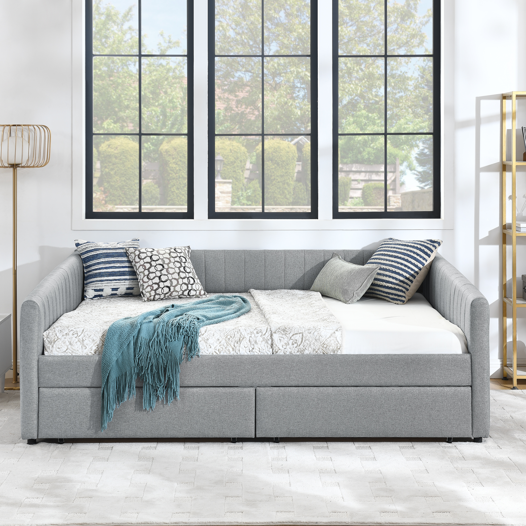 Queen Size Daybed with Two Drawers Trundle Upholstered Sofa Bed, with Vertical Stripes Linen Fabric, Grey (86.5"x65"x30") - Image 6