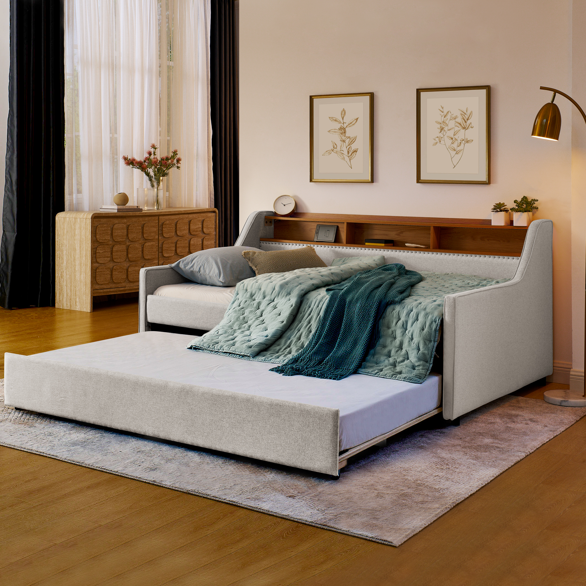 Twin Size Upholstery Sofa Bed with Three LED lights, with Storage Adjustable Headboard, with Foldable Leg Pull up Trundle Bed and Wireless Charging, Linen Padded Sofa Bed frame, Beige - Image 2