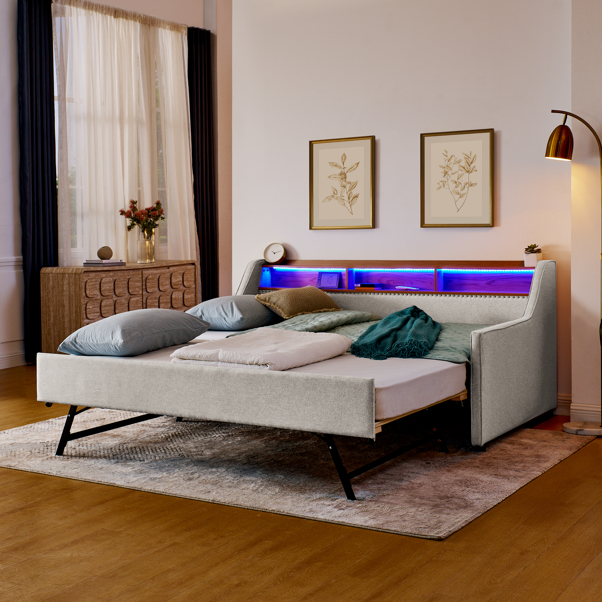 Twin Size Upholstery Sofa Bed with Three LED lights, with Storage Adjustable Headboard, with Foldable Leg Pull up Trundle Bed and Wireless Charging, Linen Padded Sofa Bed frame, Beige - Image 3