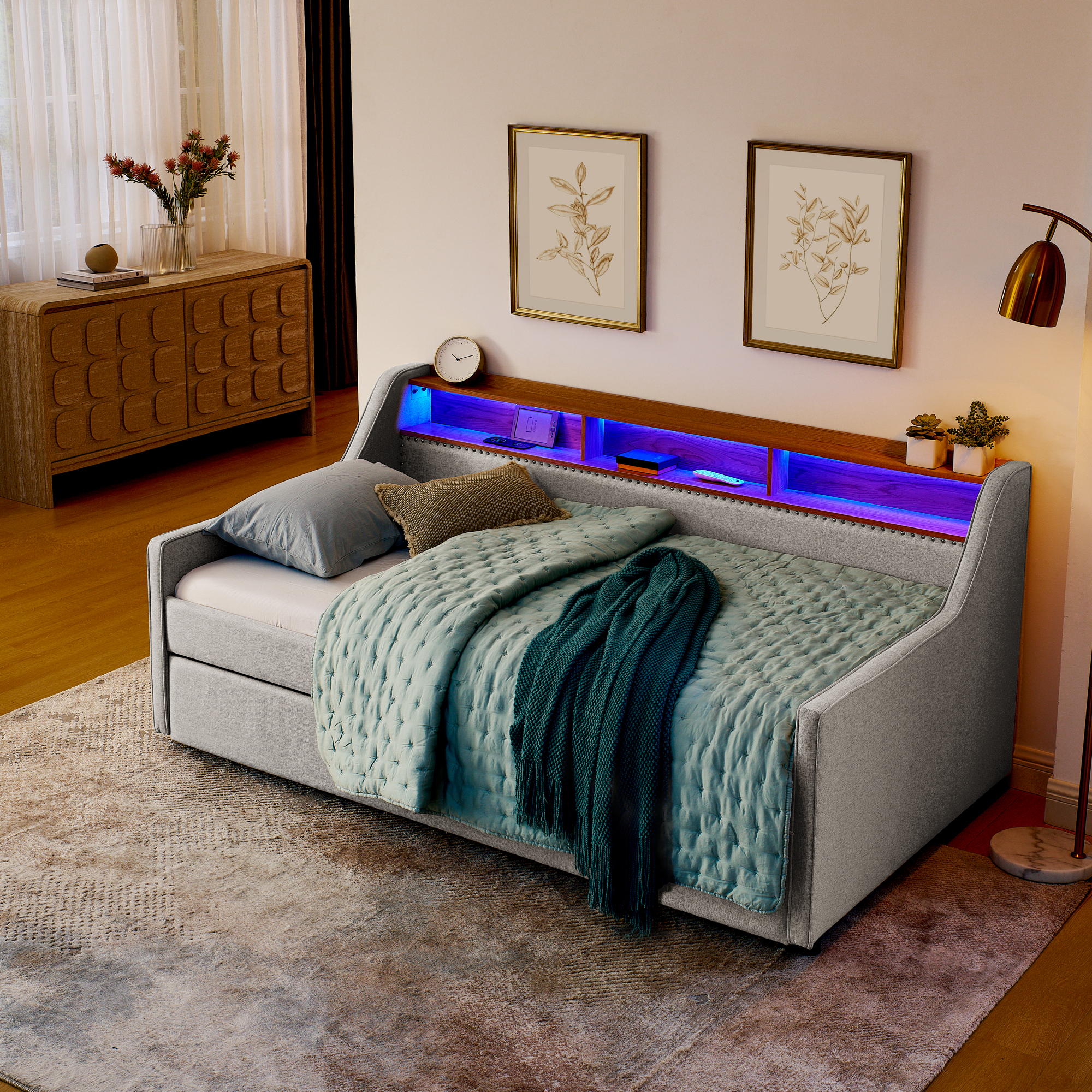 Twin Size Upholstery Sofa Bed with Three LED lights, with Storage Adjustable Headboard, with Foldable Leg Pull up Trundle Bed and Wireless Charging, Linen Padded Sofa Bed frame, Beige - Image 4