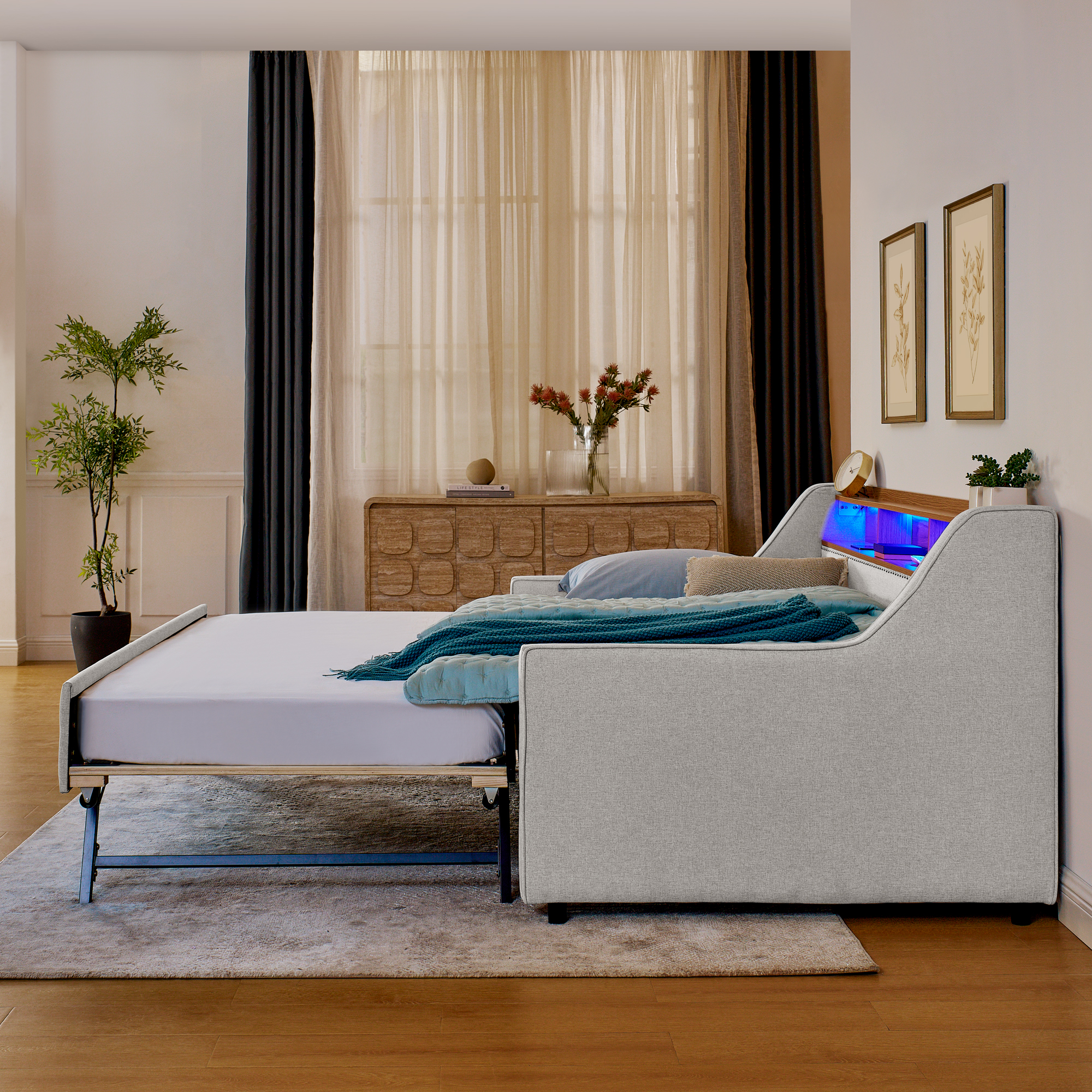 Twin Size Upholstery Sofa Bed with Three LED lights, with Storage Adjustable Headboard, with Foldable Leg Pull up Trundle Bed and Wireless Charging, Linen Padded Sofa Bed frame, Beige - Image 5