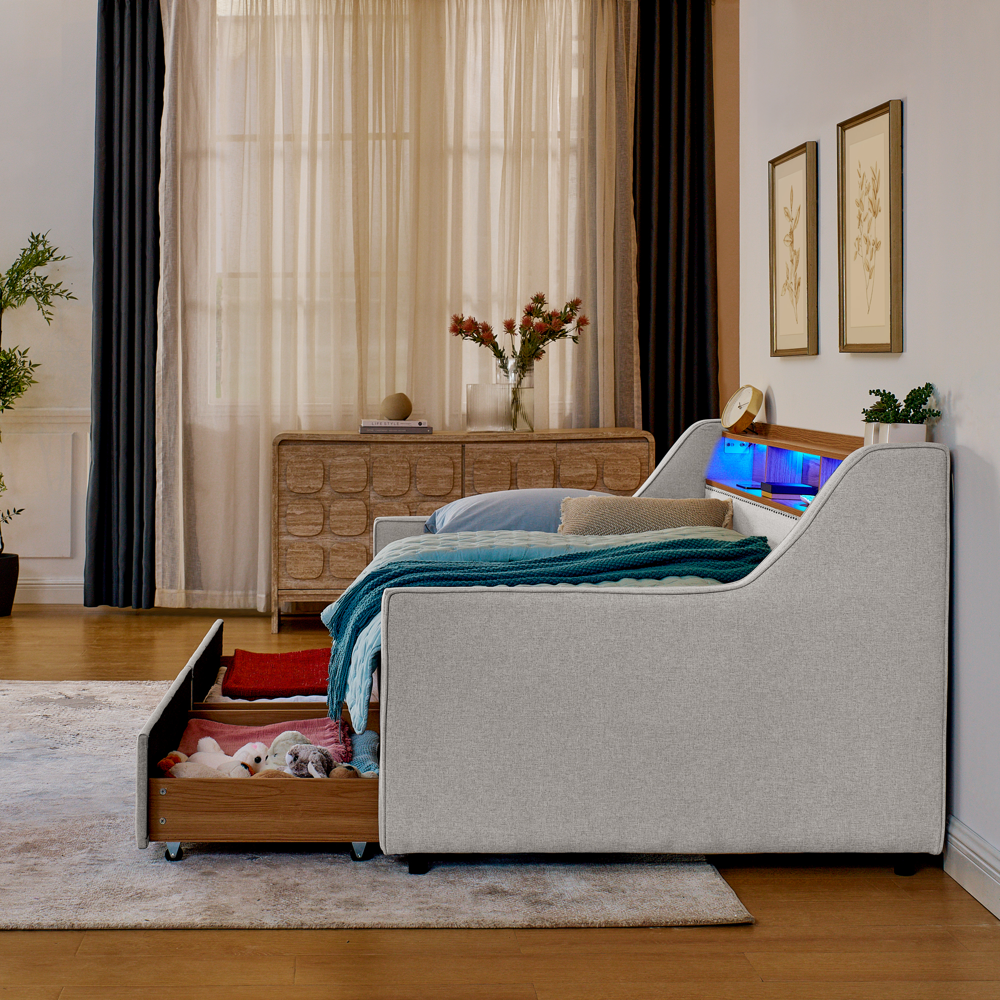 Twin Size Upholstery Sofa Bed with Three LED lights, with Storage Adjustable Headboard, with Foldable Leg Pull up Trundle Bed and Wireless Charging, Linen Padded Sofa Bed frame, Beige - Image 6