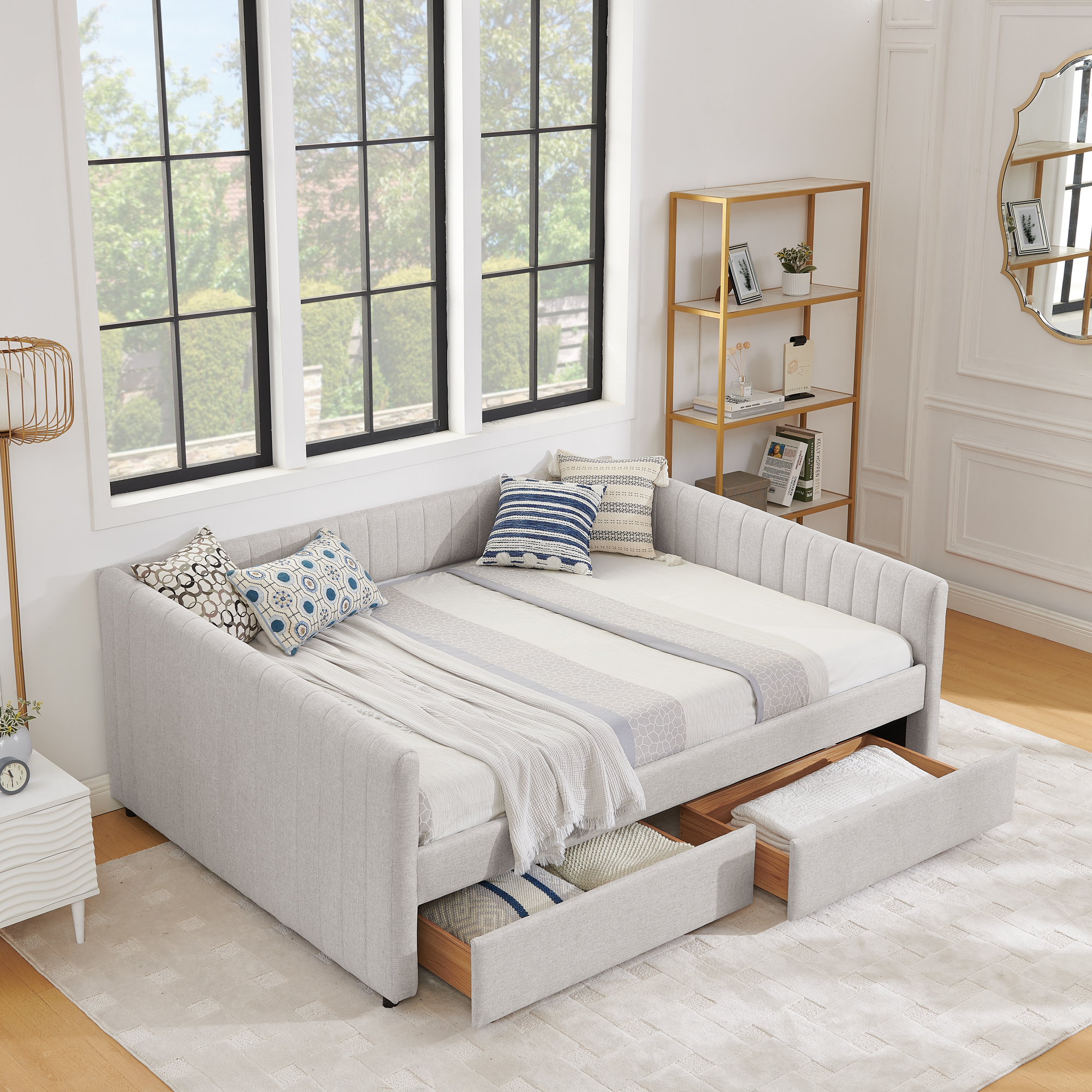 Queen Size Daybed with Two Drawers Trundle Upholstered Sofa Bed, with Vertical Stripes, Linen Fabric, Beige (86.5″x65″x30″)