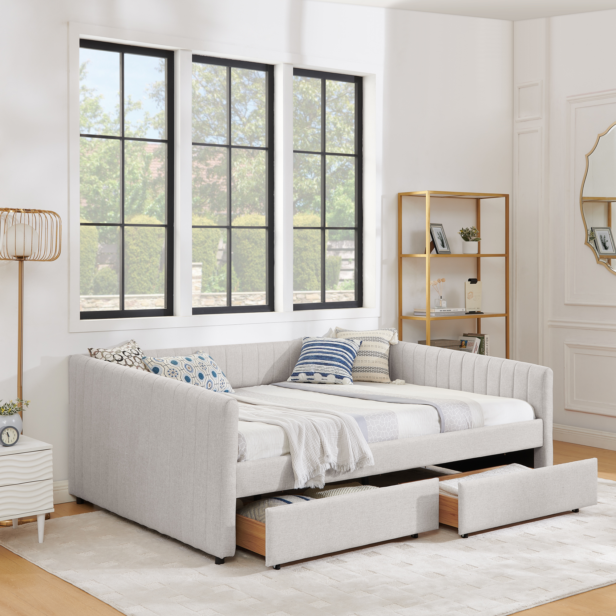 Queen Size Daybed with Two Drawers Trundle Upholstered Sofa Bed, with Vertical Stripes, Linen Fabric, Beige (86.5"x65"x30") - Image 2