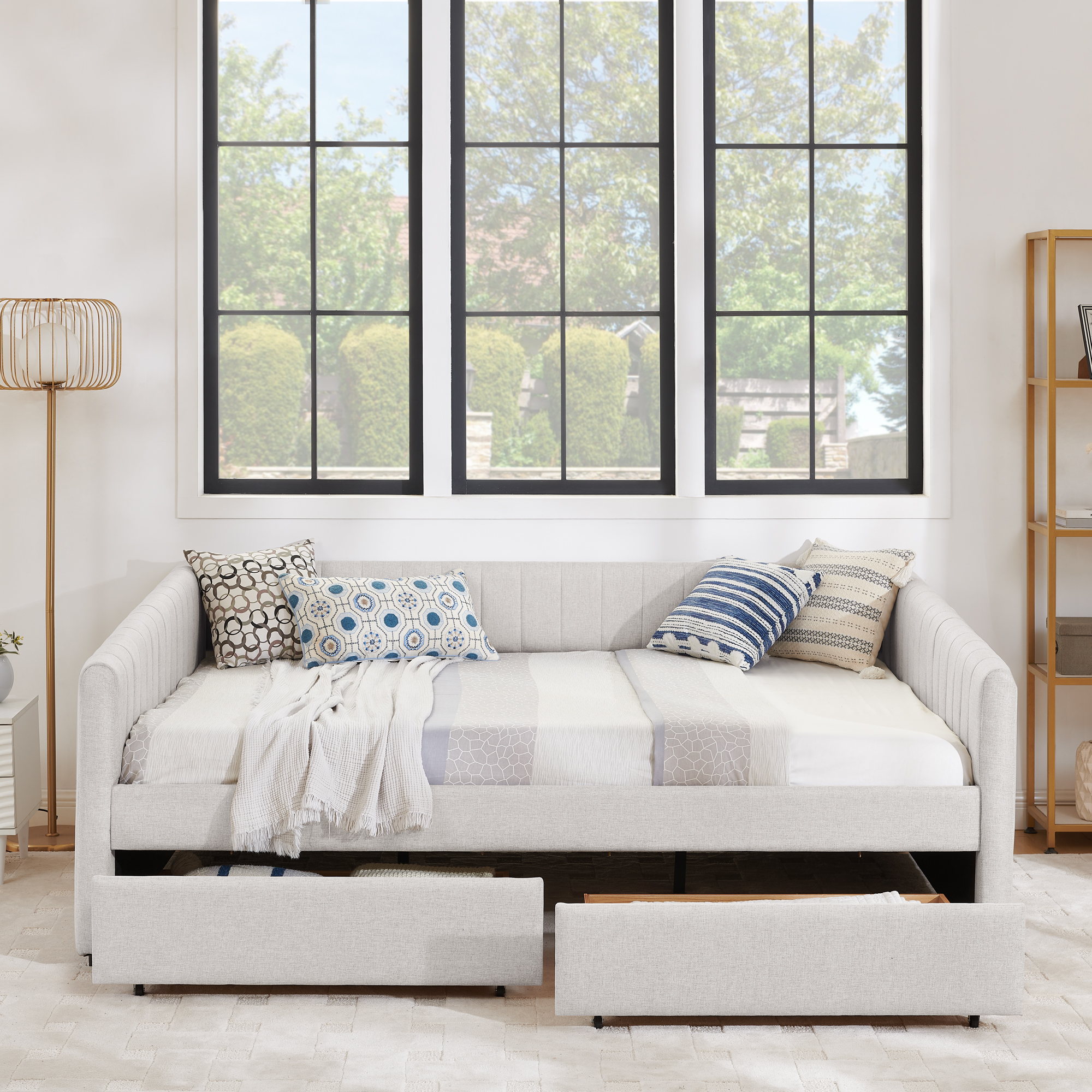 Queen Size Daybed with Two Drawers Trundle Upholstered Sofa Bed, with Vertical Stripes, Linen Fabric, Beige (86.5"x65"x30") - Image 3