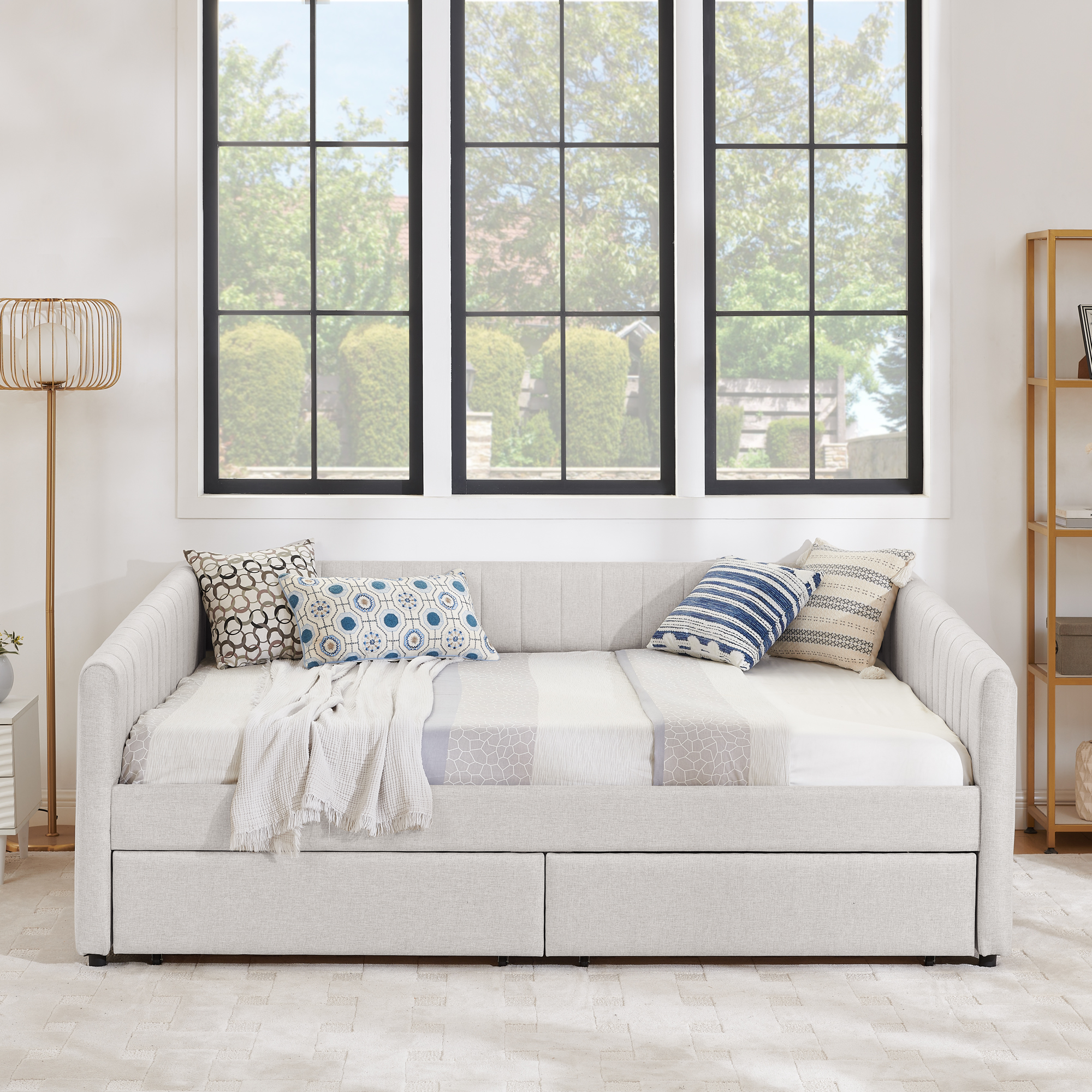 Queen Size Daybed with Two Drawers Trundle Upholstered Sofa Bed, with Vertical Stripes, Linen Fabric, Beige (86.5"x65"x30") - Image 4