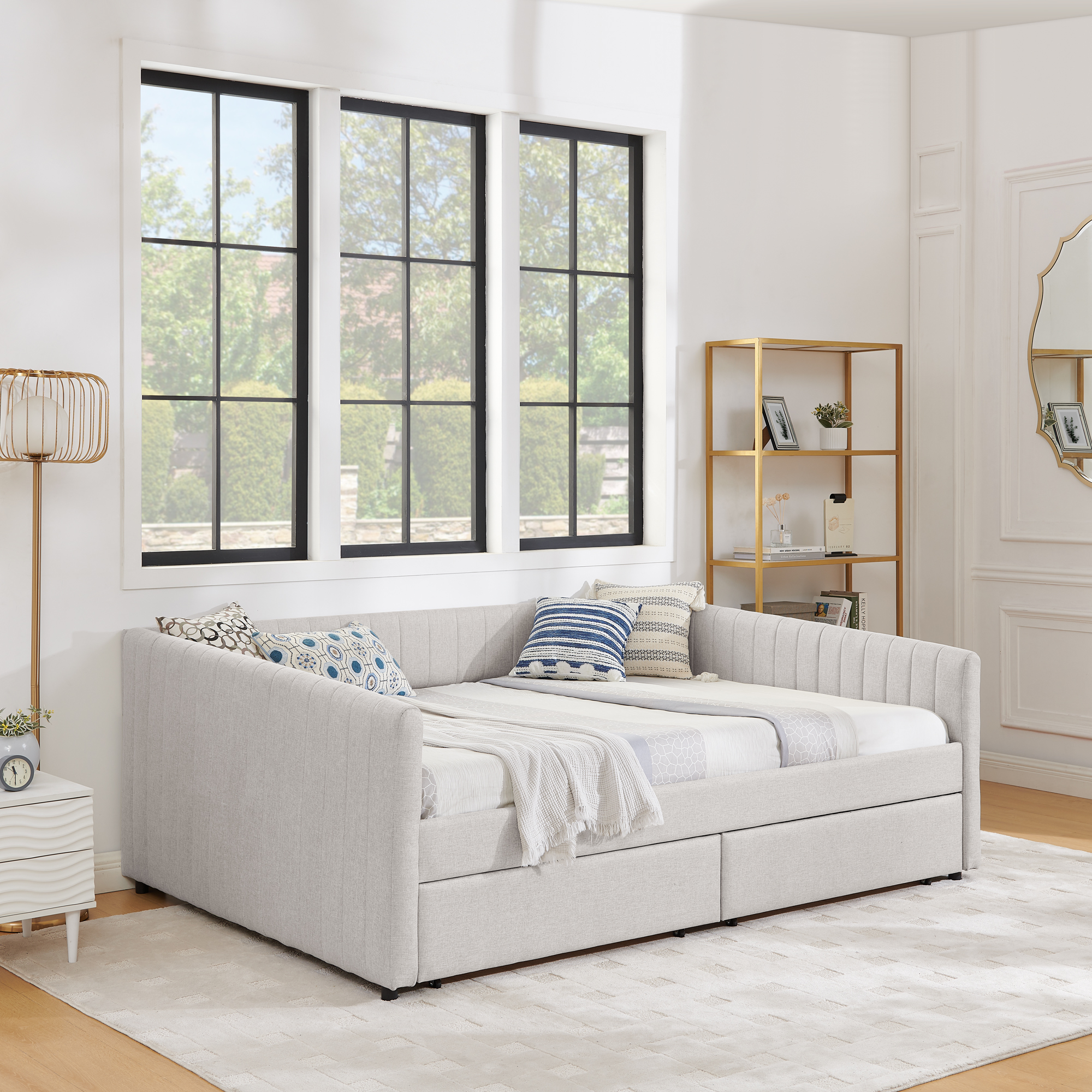 Queen Size Daybed with Two Drawers Trundle Upholstered Sofa Bed, with Vertical Stripes, Linen Fabric, Beige (86.5"x65"x30") - Image 6
