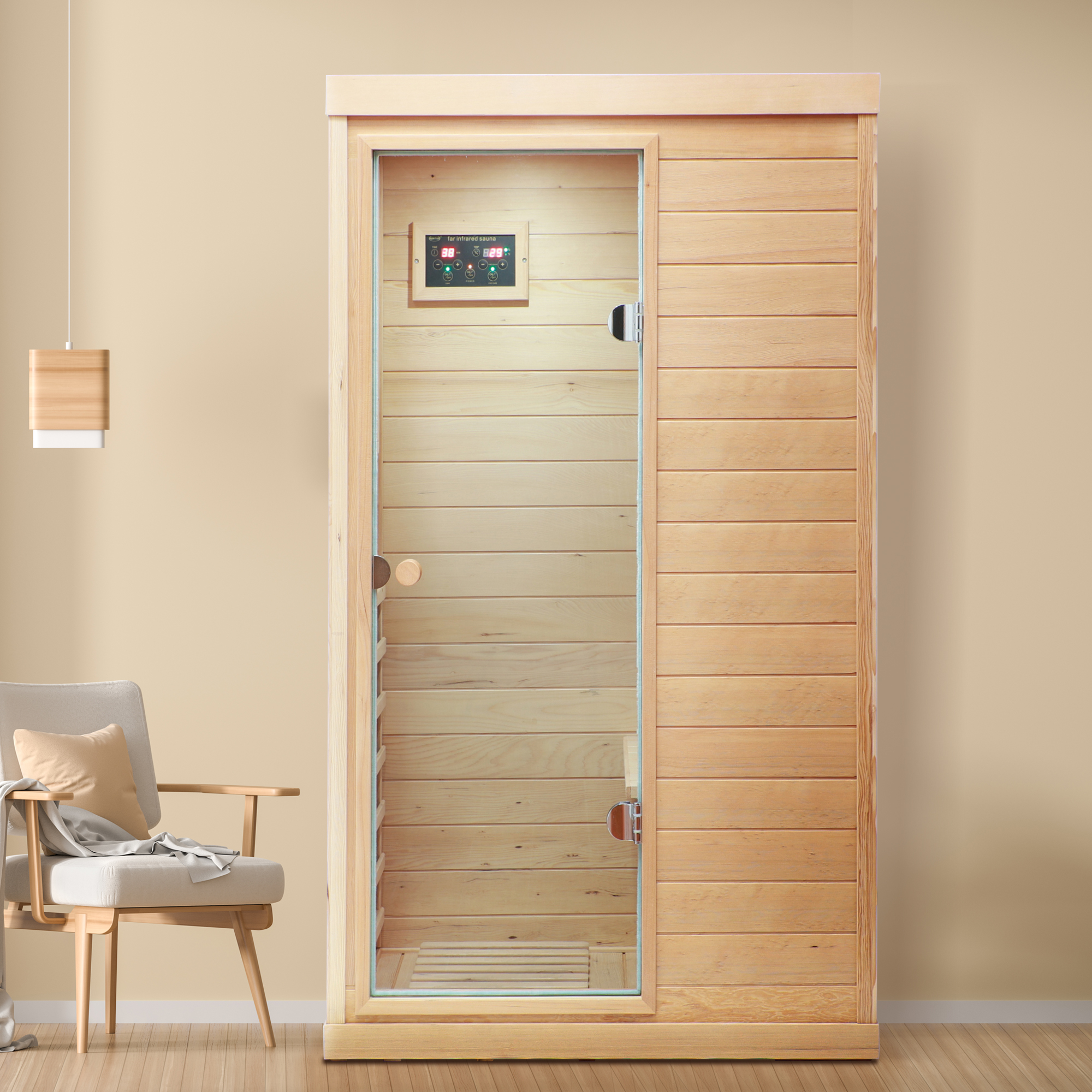 Hemlock Mini one person far infrared door on the left of the indoor sauna room - Image 6