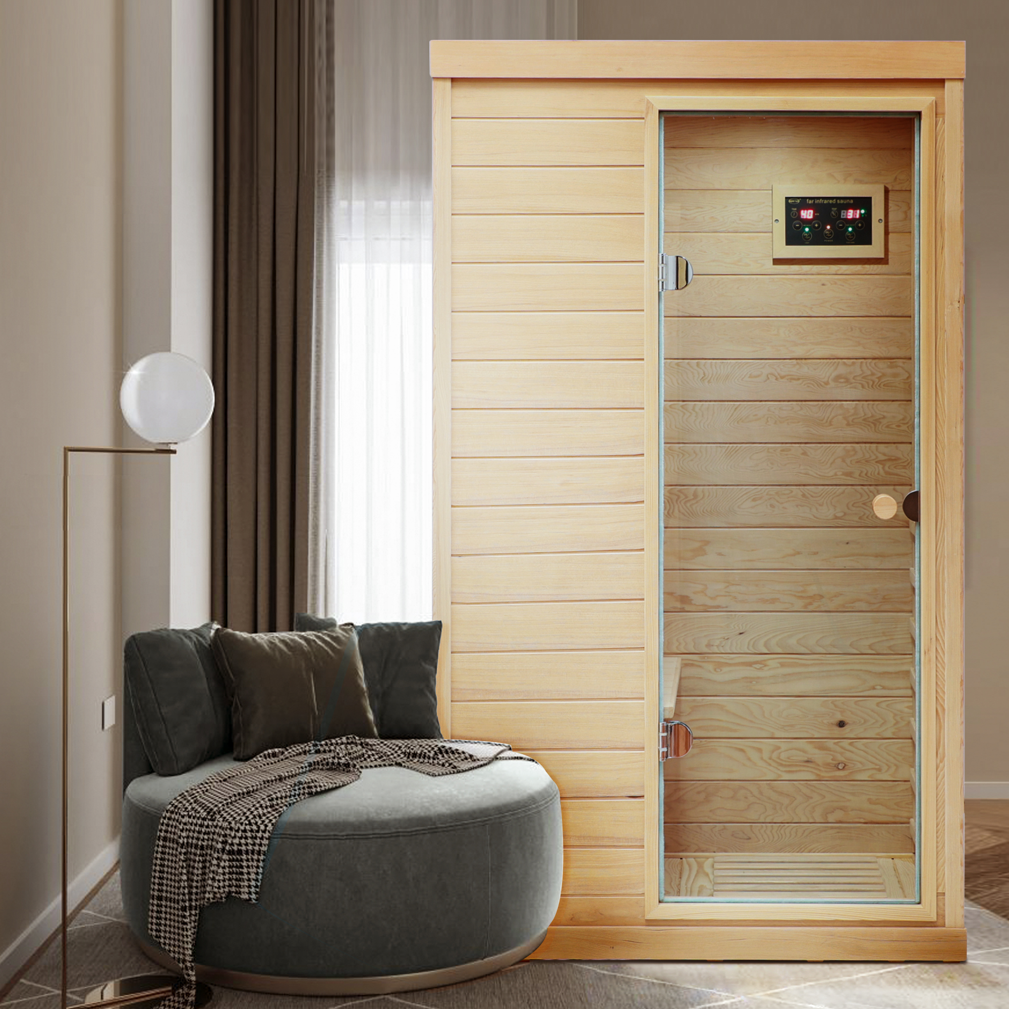Hemlock Mini one person far infrared door on the Right of the indoor sauna room - Image 6