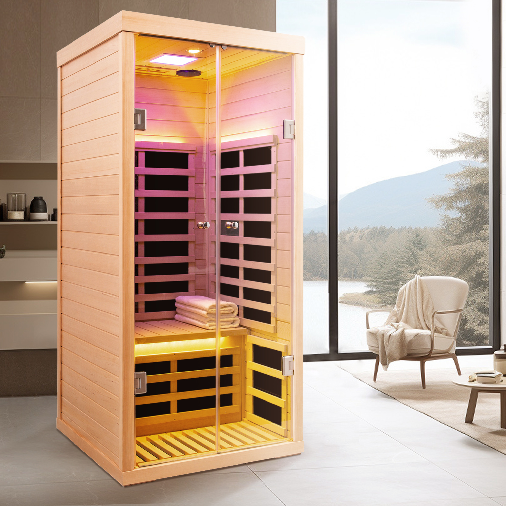 Low EMF One person wide space hemlock double doors great glass luxury indoor Far infrared sauna room - Image 6