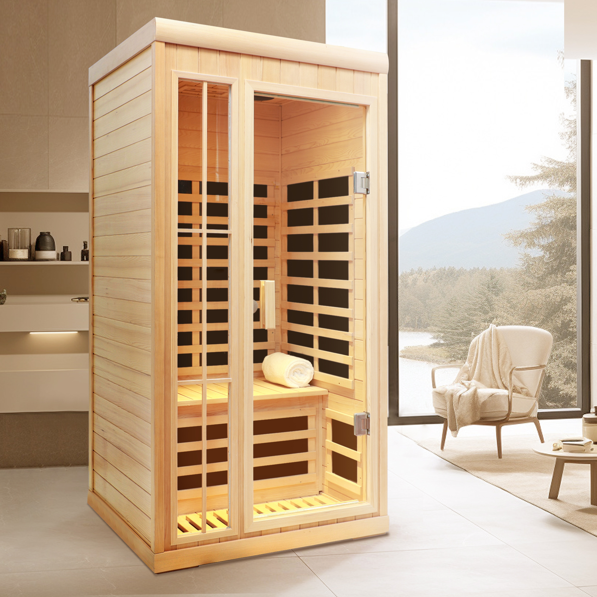 Deluxe version Plus One person Far infrared Hemlock Sauna room with LED colour lights - Image 6