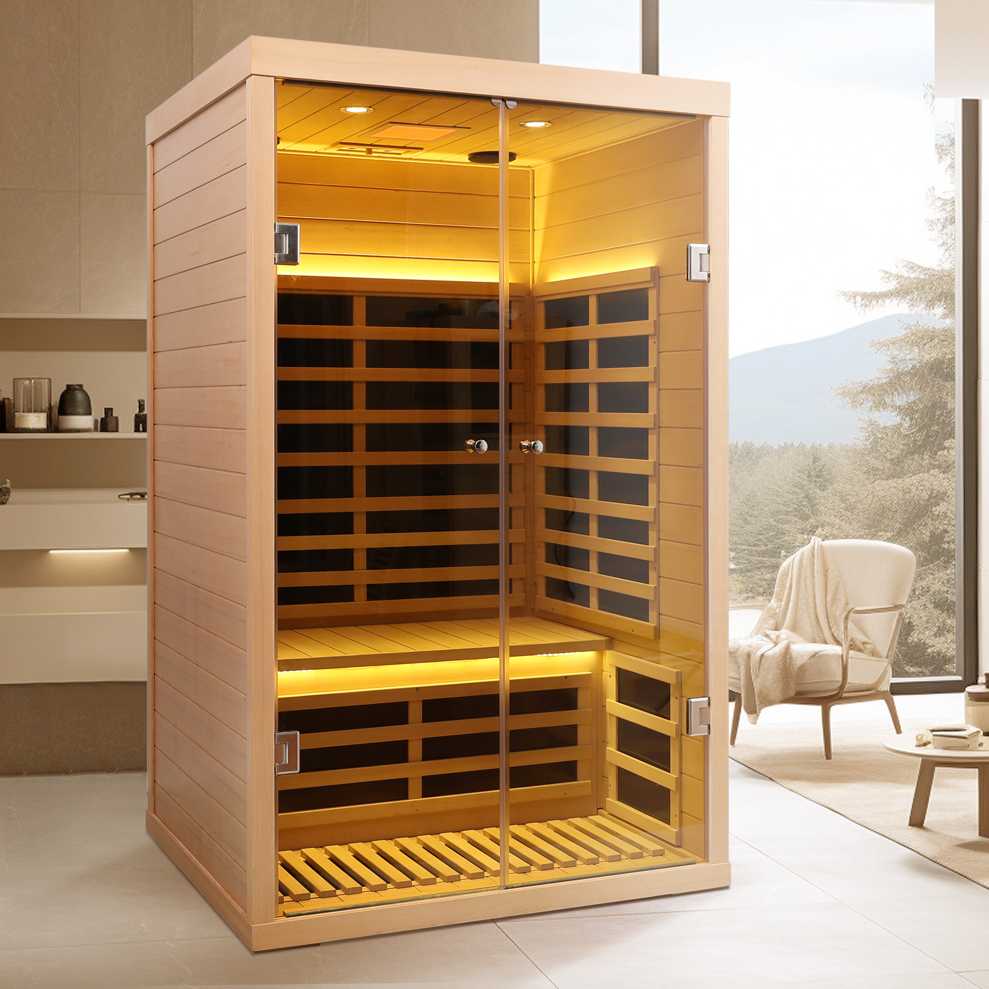 Low EMF Two person wide space hemlock double doors great glass luxury indoor Far infrared sauna room - Image 6