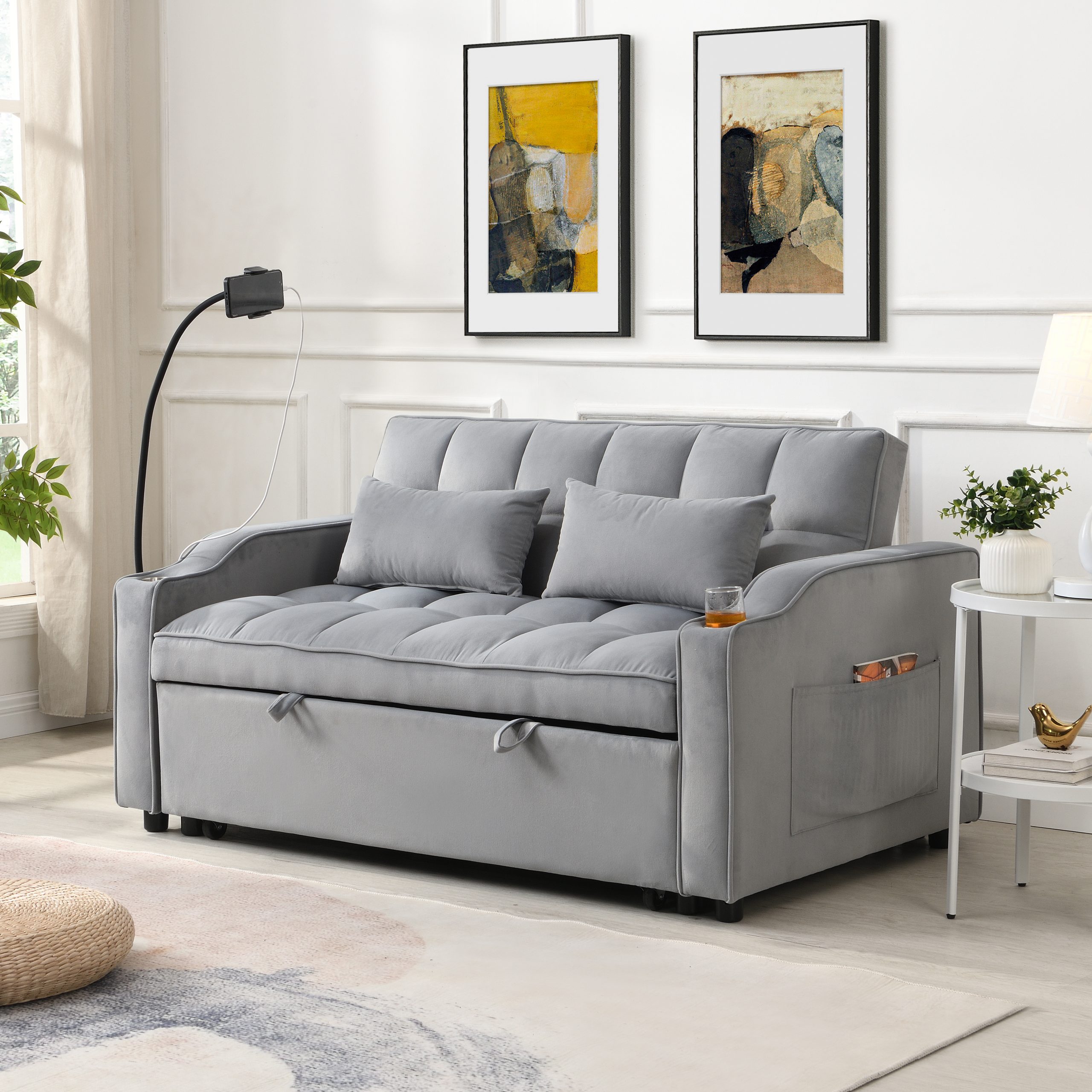 Modern Velvet Loveseat Futon Sofa Couch w/Pullout Bed,Small Love Seat Lounge Sofa with adjustable Reclining Backrest,Toss Pillows, Pockets,Furniture for Living Room,3 in 1 Convertible Sleeper Sofa Bed - Image 2