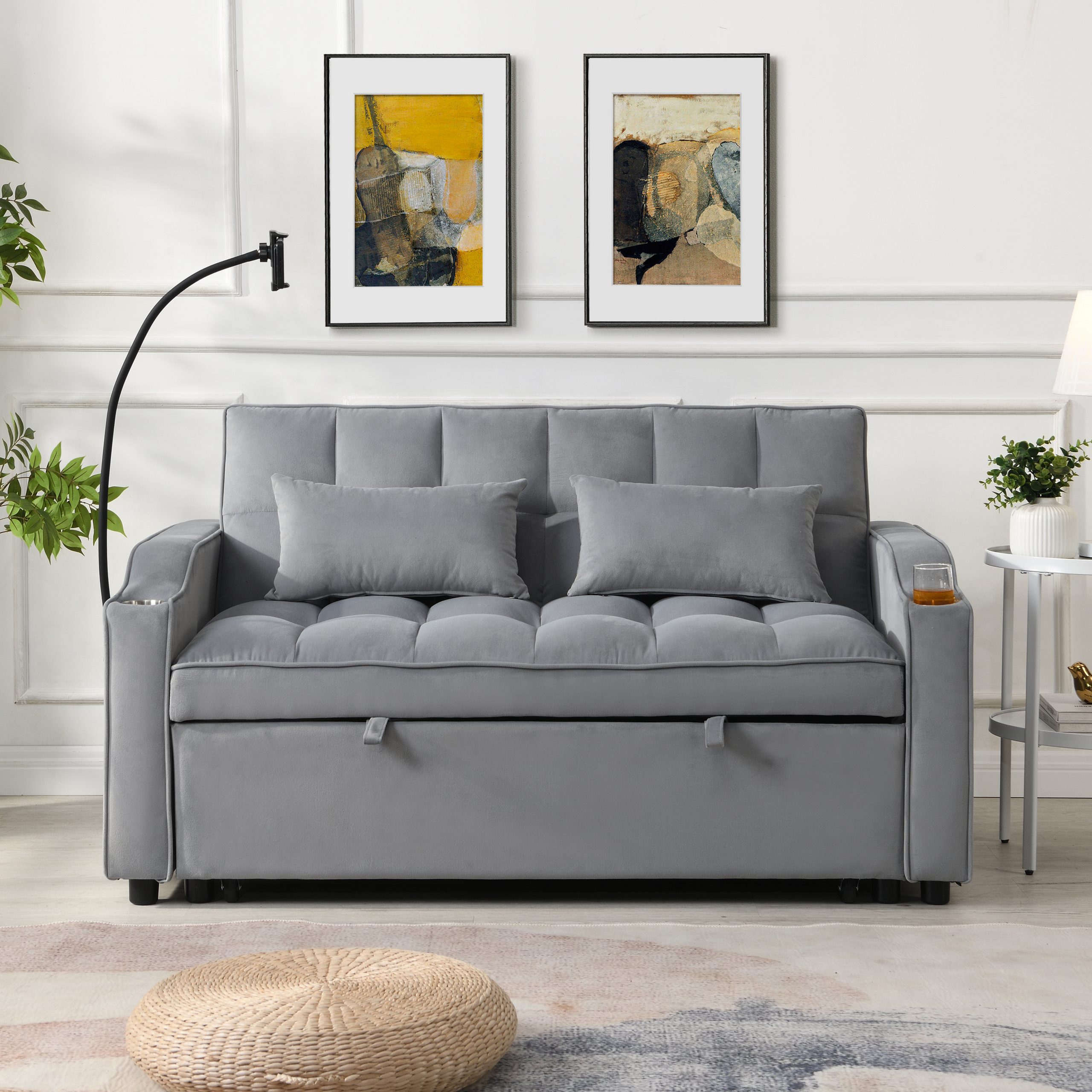Modern Velvet Loveseat Futon Sofa Couch w/Pullout Bed,Small Love Seat Lounge Sofa with adjustable Reclining Backrest,Toss Pillows, Pockets,Furniture for Living Room,3 in 1 Convertible Sleeper Sofa Bed - Image 3