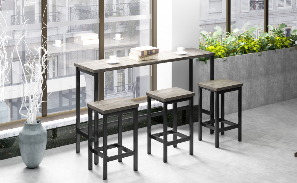 TOPMAX Counter Height Extra Long Dining Table Set with 3 Stools Pub Kitchen Set Side Table with Footrest, Gray - Image 2