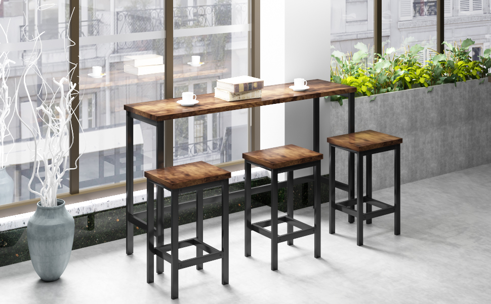 TOPMAX Counter Height Extra Long Dining Table Set with 3 Stools Pub Kitchen Set Side Table with Footrest,Brown - Image 2