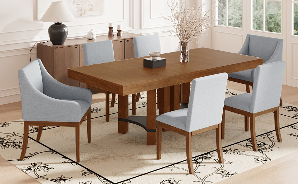 TOPMAX Rustic 7-Piece 76.4inch Extendable Dining Table Set with 18inch Removable Leaf, 2 Arm Chairs and 4 Armless Chairs, Brown - Image 4