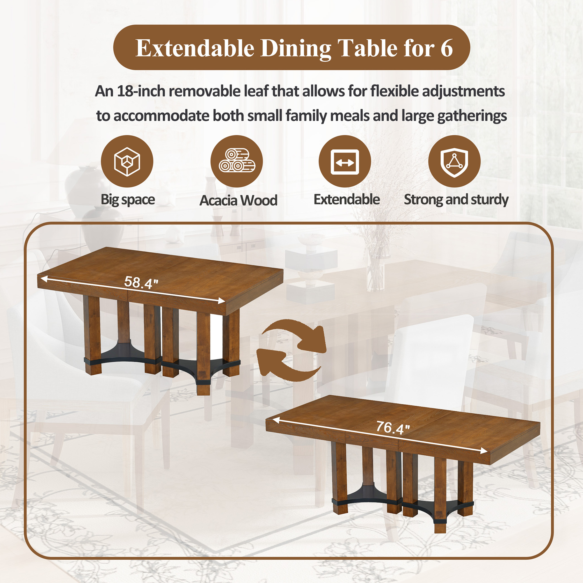 TOPMAX Rustic 7-Piece 76.4inch Extendable Dining Table Set with 18inch Removable Leaf, 2 Arm Chairs and 4 Armless Chairs, Brown - Image 5