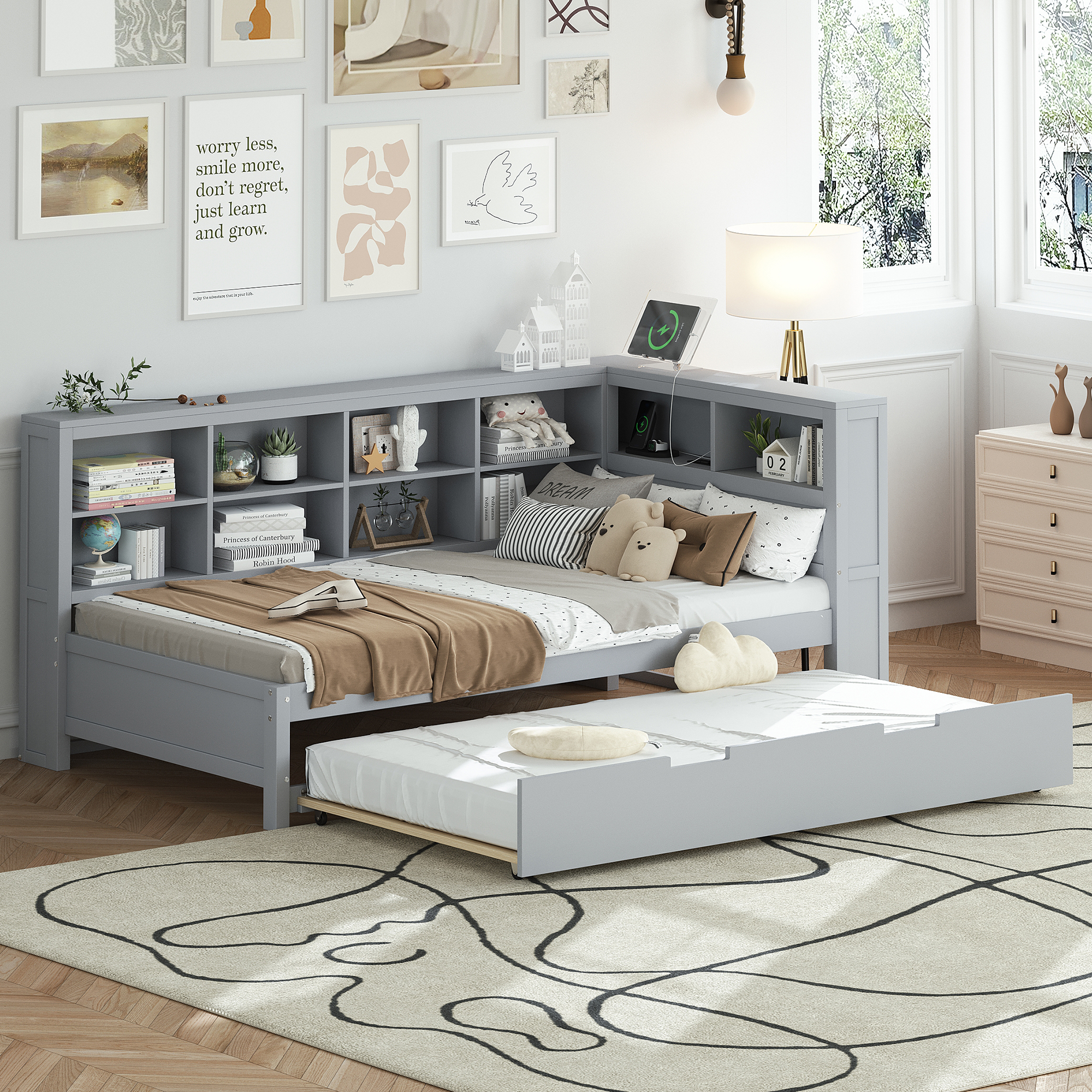Wooden Twin Size DayBed with Twin Size Trundle, DayBed with Storage Shelf and USB Charging Ports,Grey - Image 2