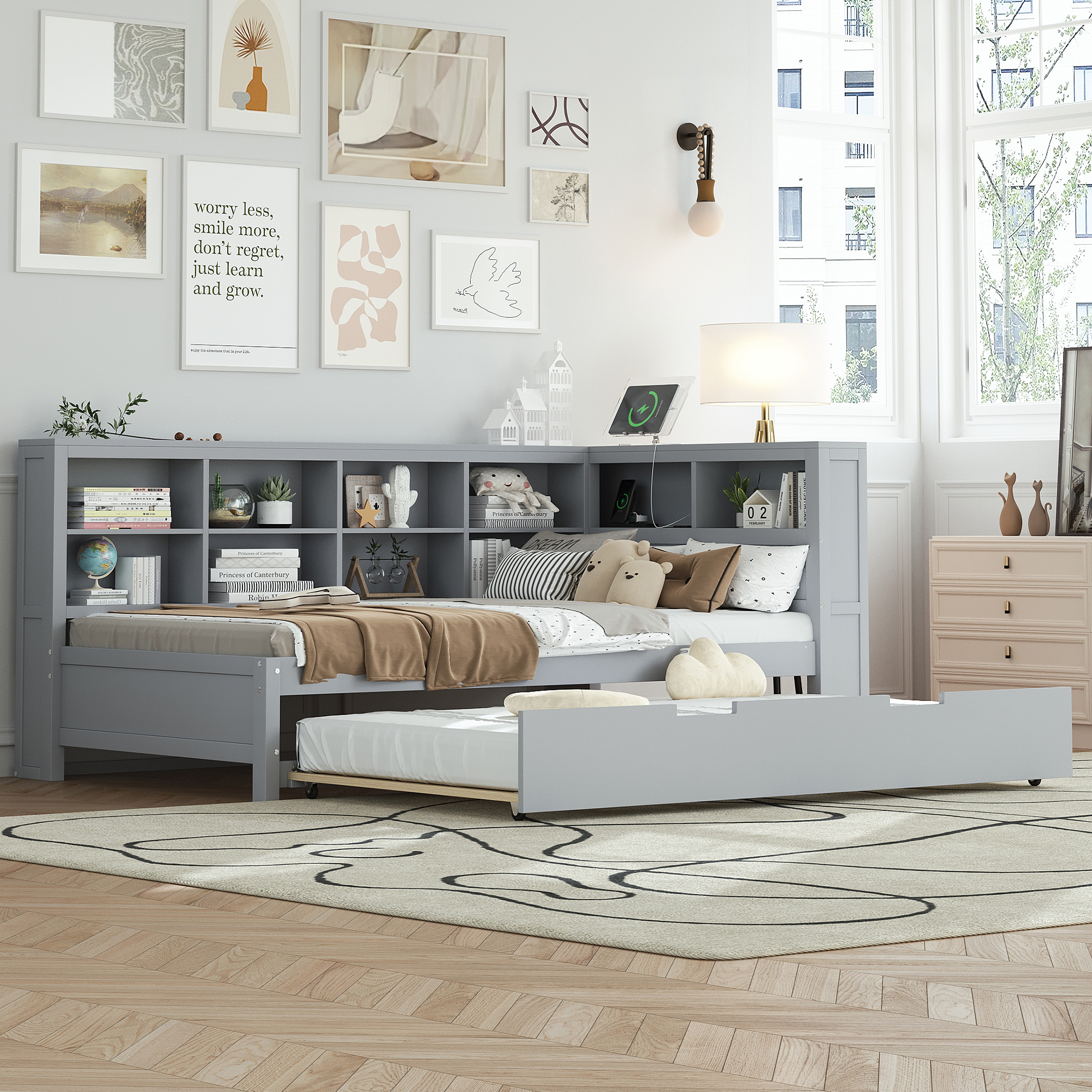 Wooden Twin Size DayBed with Twin Size Trundle, DayBed with Storage Shelf and USB Charging Ports,Grey - Image 3