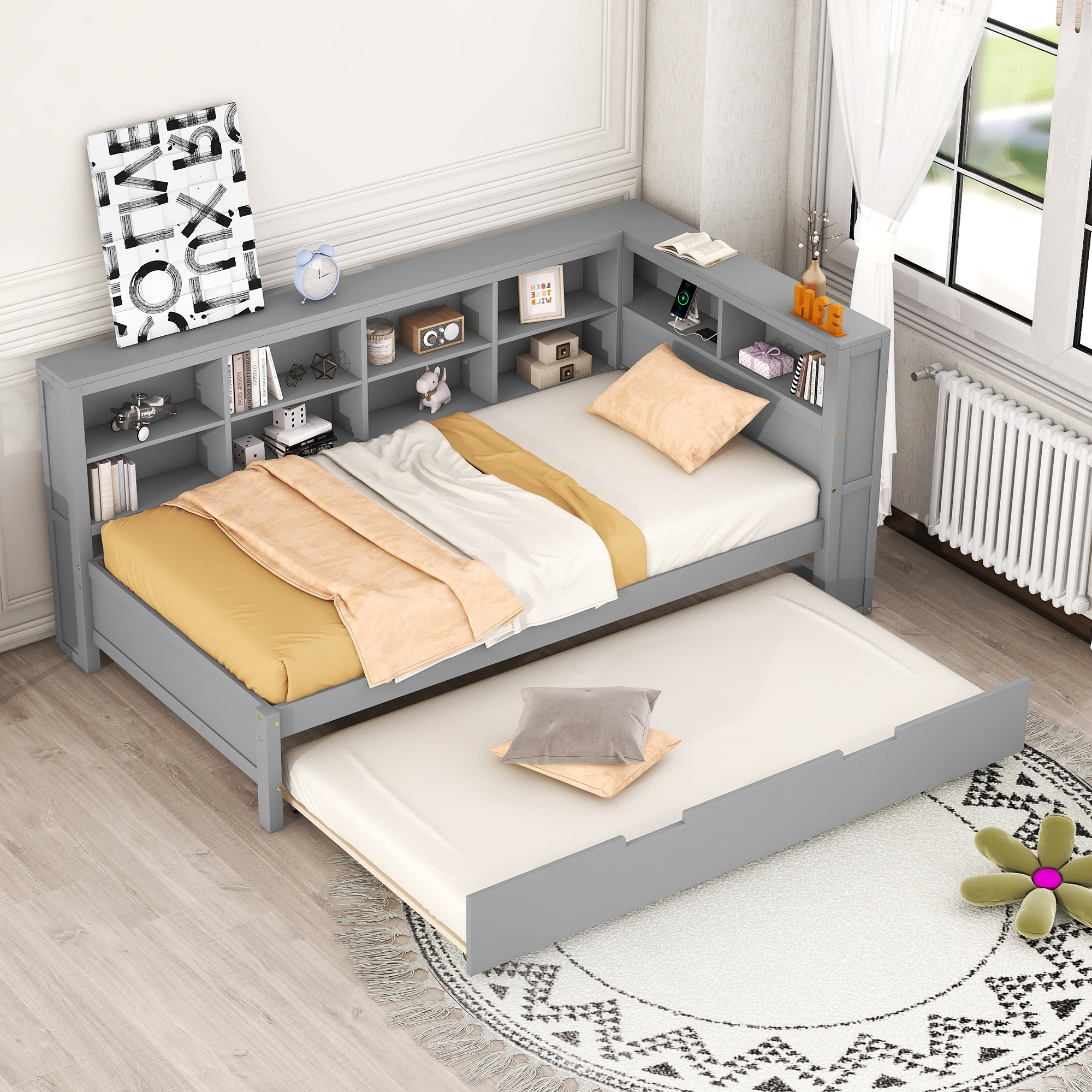 Wooden Twin Size DayBed with Twin Size Trundle, DayBed with Storage Shelf and USB Charging Ports,Grey - Image 4