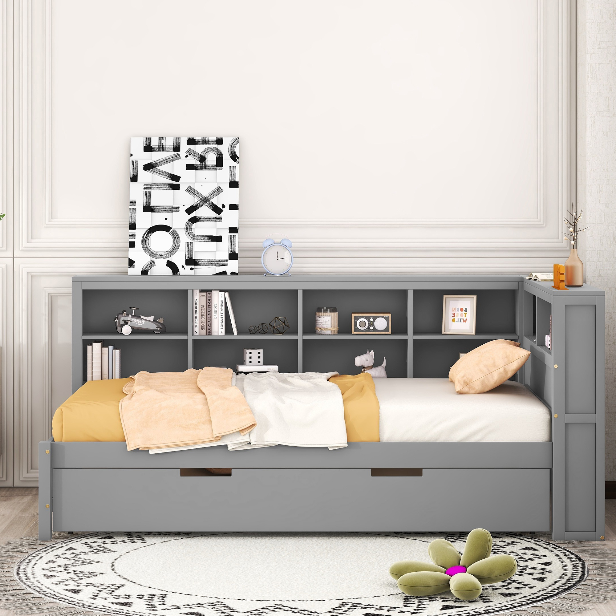 Wooden Twin Size DayBed with Twin Size Trundle, DayBed with Storage Shelf and USB Charging Ports,Grey - Image 5