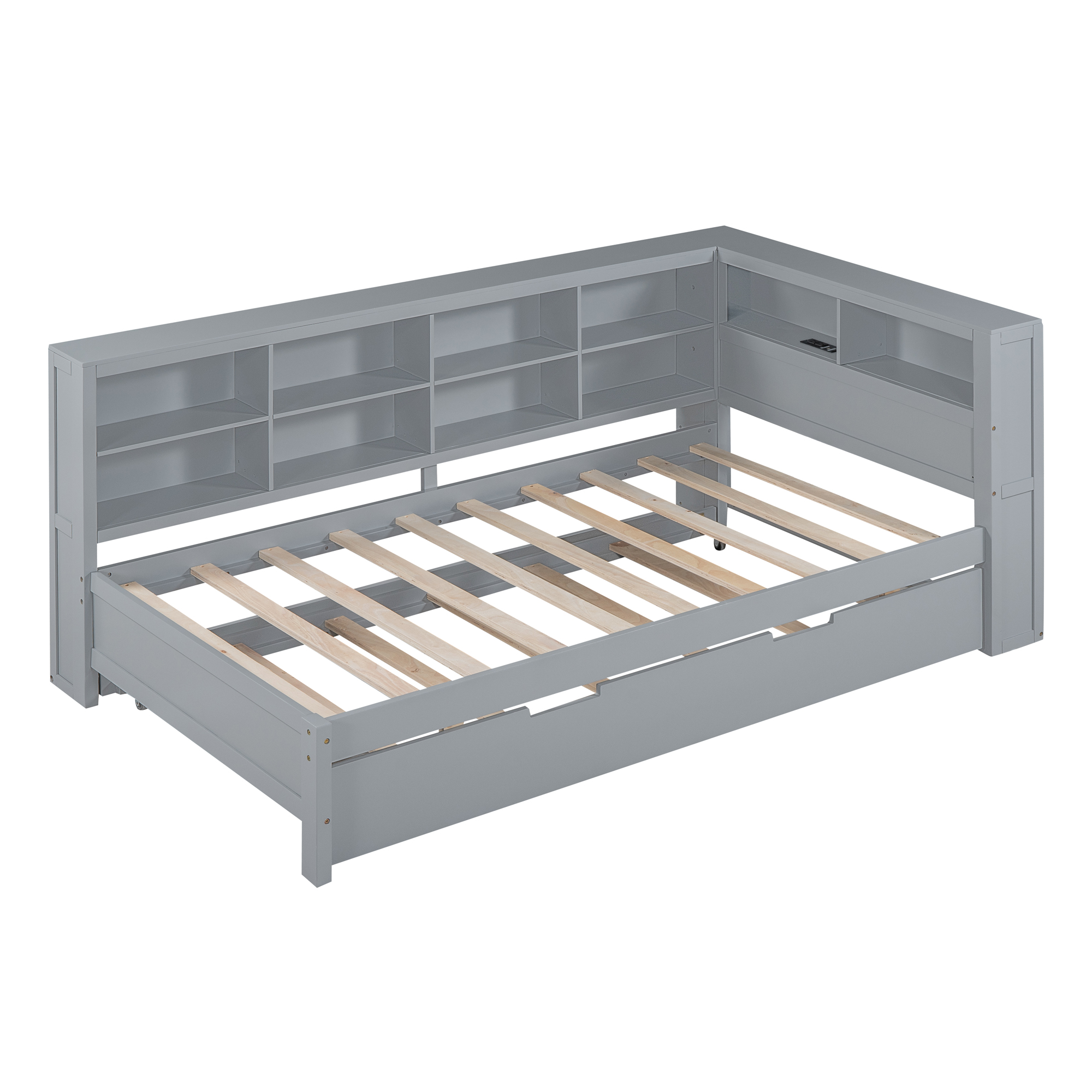 Wooden Twin Size DayBed with Twin Size Trundle, DayBed with Storage Shelf and USB Charging Ports,Grey - Image 6