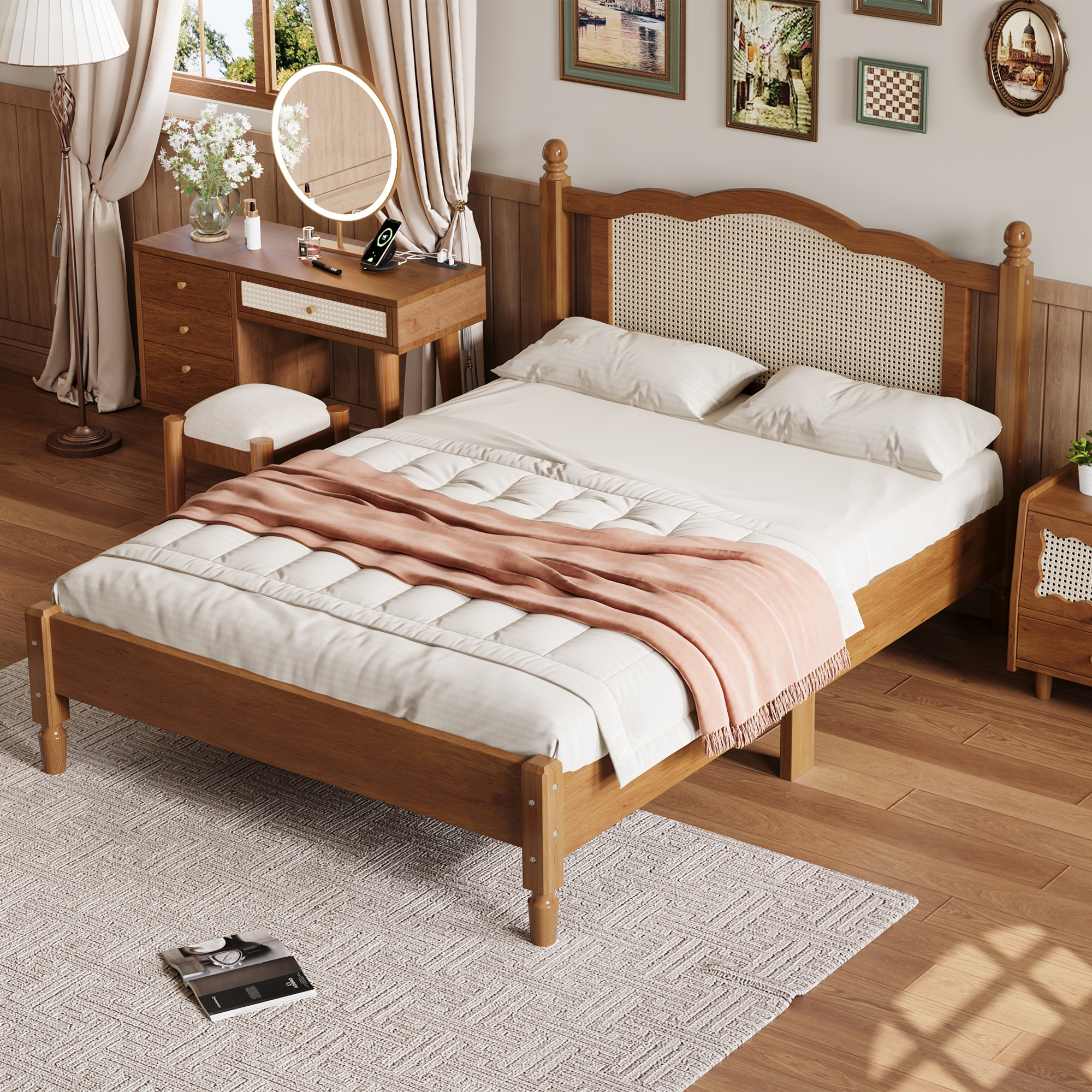 Full Size Wooden Platform Bed with Natural Rattan Headboard, Vintage Bed Frame with Wooden Slat Support, Walnut - Image 2