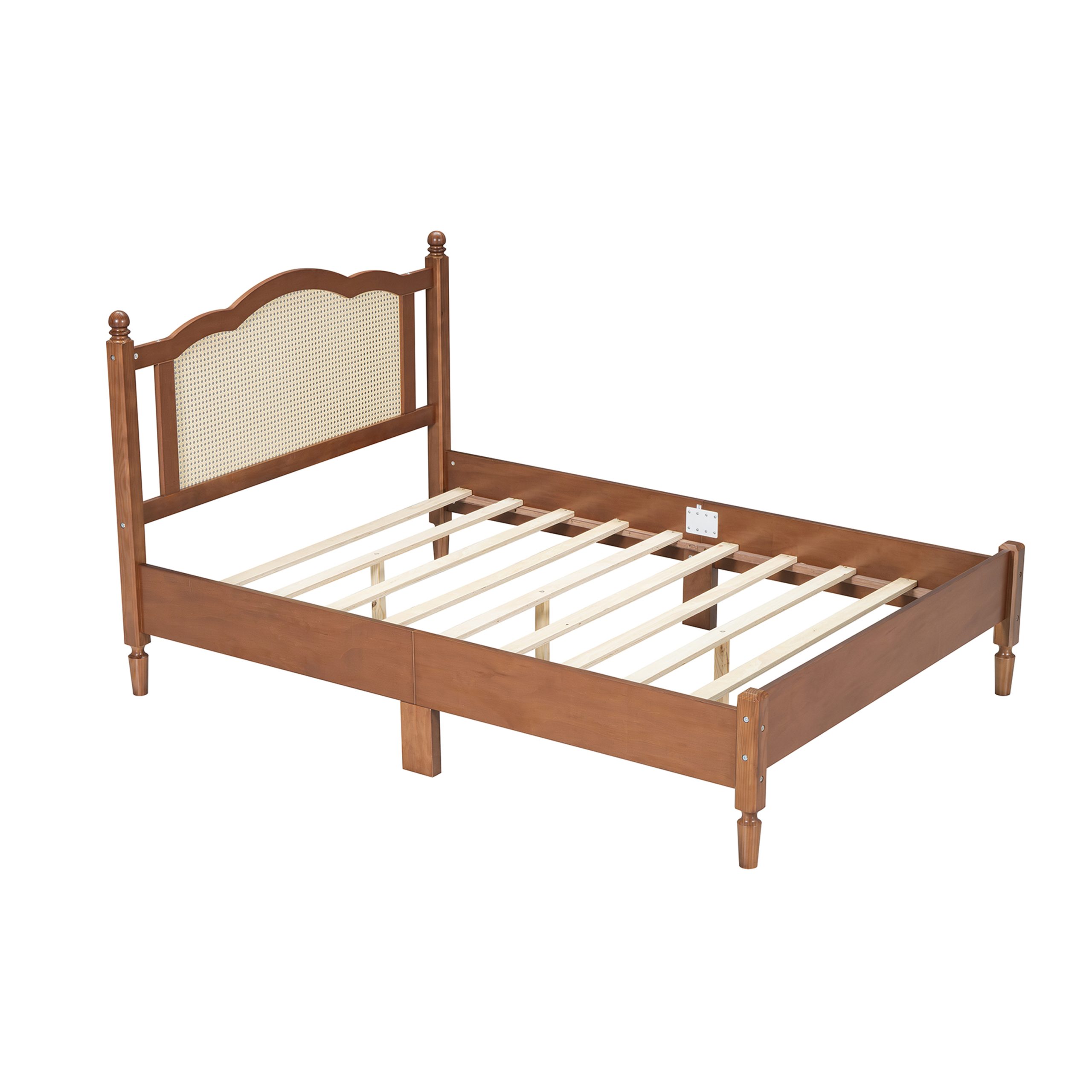 Full Size Wooden Platform Bed with Natural Rattan Headboard, Vintage Bed Frame with Wooden Slat Support, Walnut - Image 3