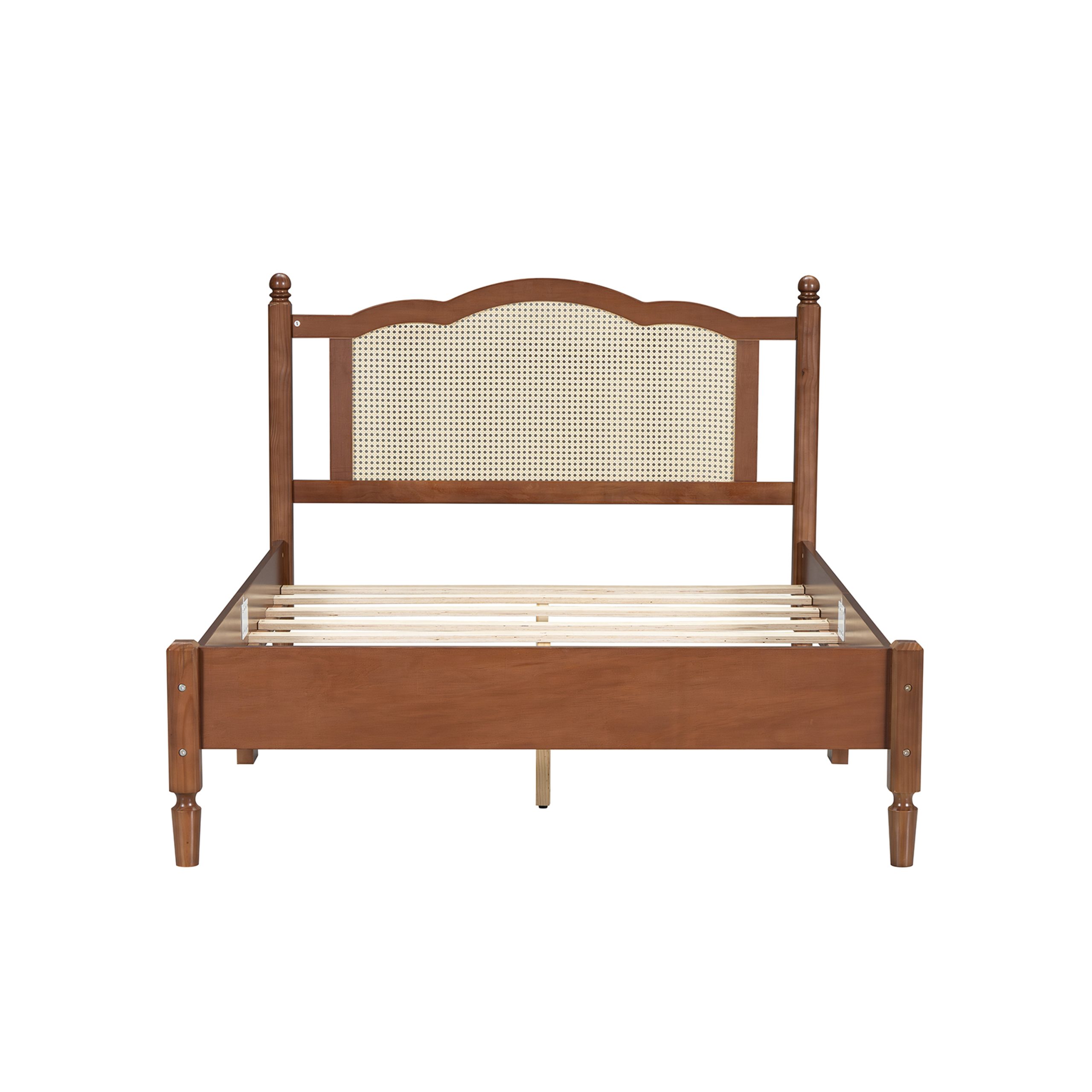 Full Size Wooden Platform Bed with Natural Rattan Headboard, Vintage Bed Frame with Wooden Slat Support, Walnut - Image 4
