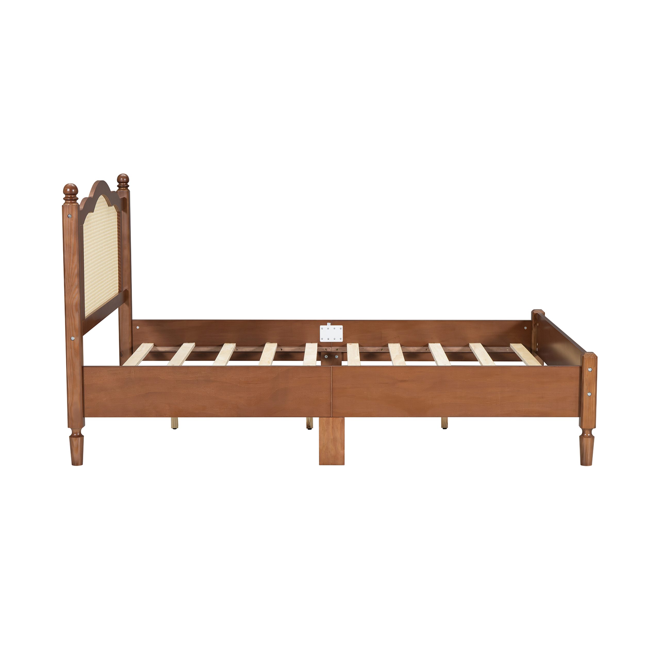 Full Size Wooden Platform Bed with Natural Rattan Headboard, Vintage Bed Frame with Wooden Slat Support, Walnut - Image 5