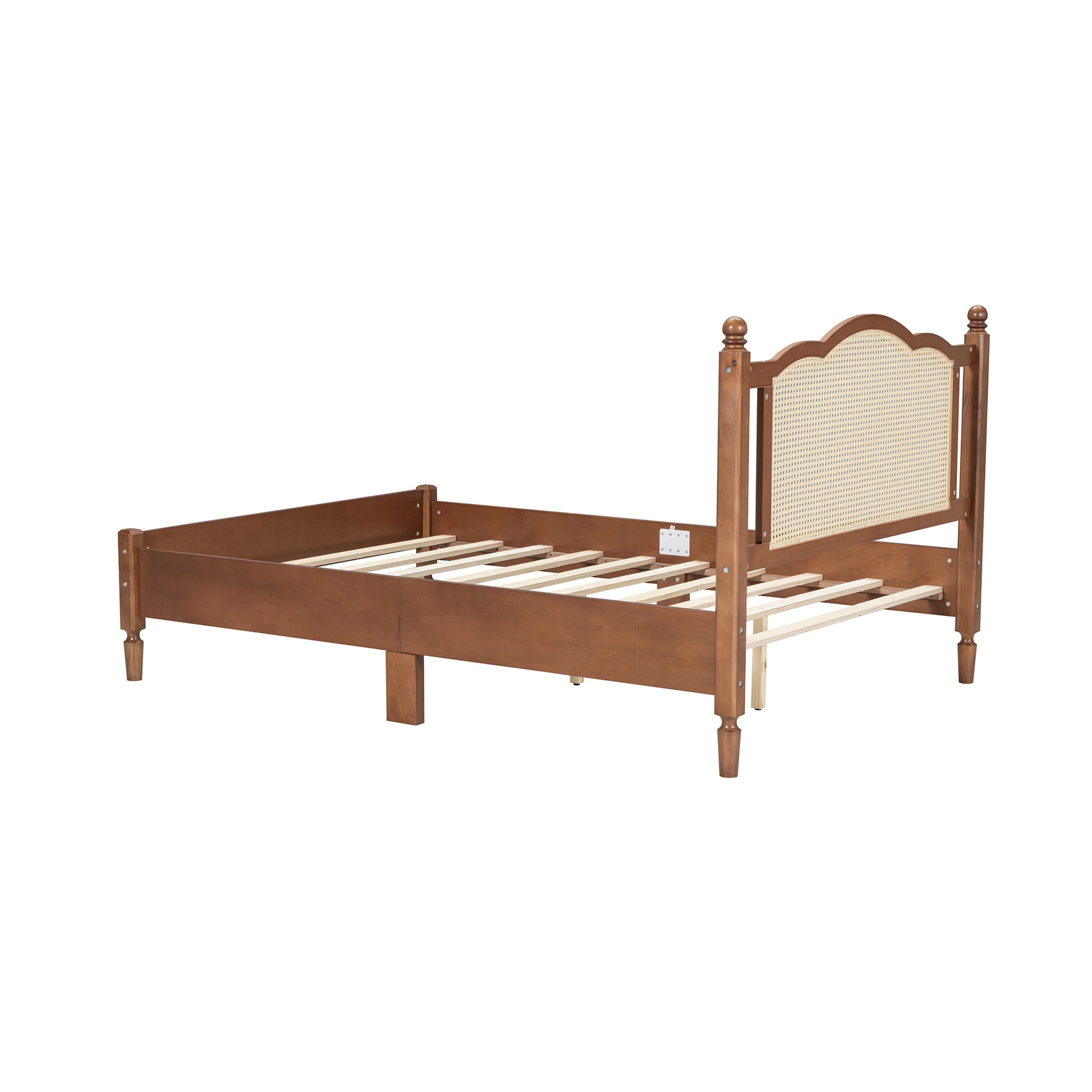 Full Size Wooden Platform Bed with Natural Rattan Headboard, Vintage Bed Frame with Wooden Slat Support, Walnut - Image 6