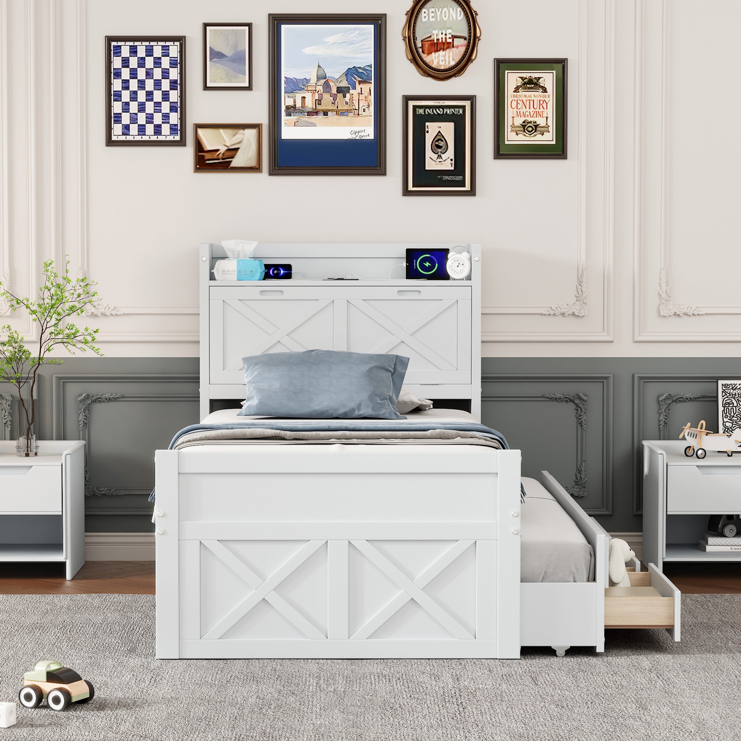 Twin Size Wooden Bed with Storage Headboard with Outlets, Extendable Bed with Twin Size Trundle with Three Storage Drawers,White - Image 2