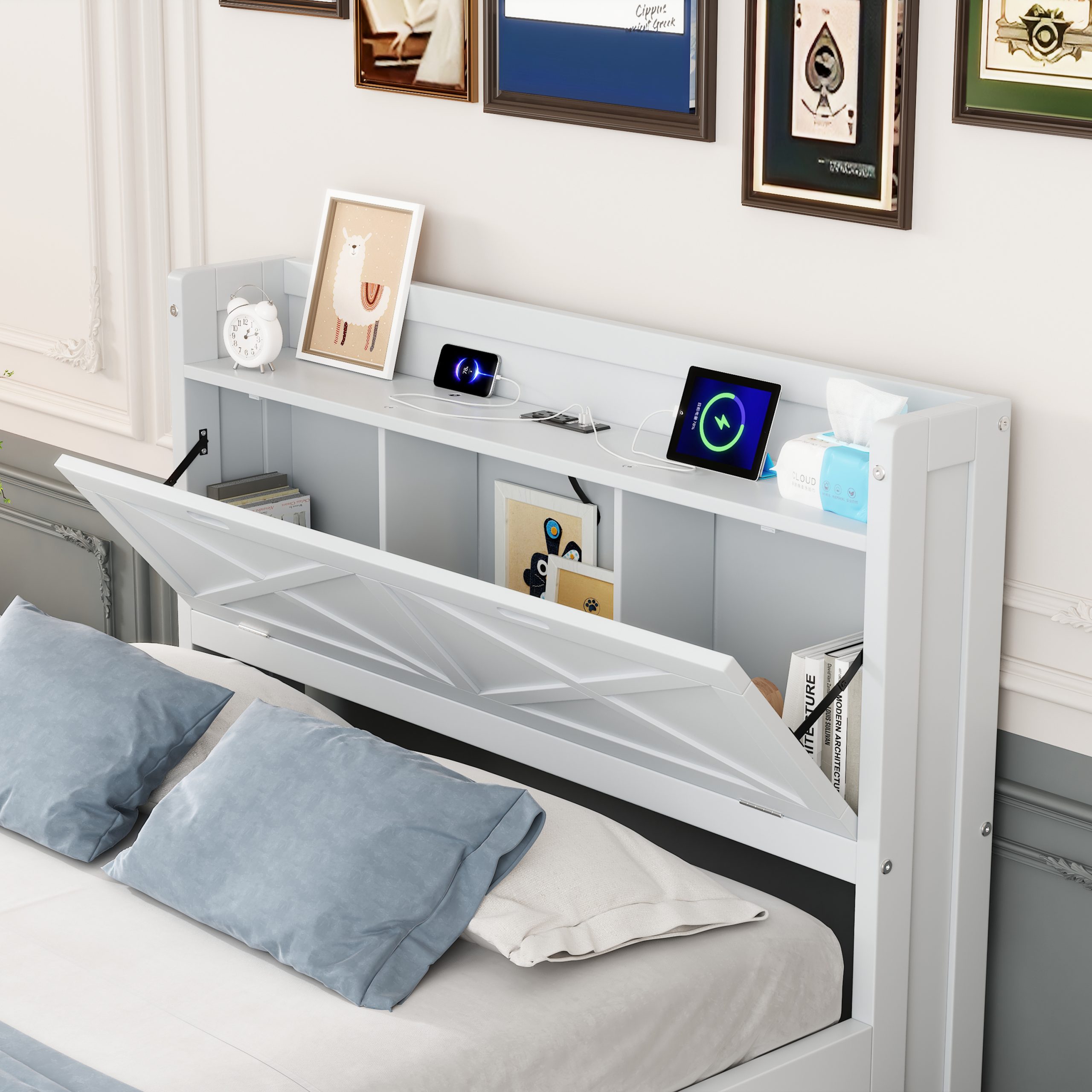 Twin Size Wooden Bed with Storage Headboard with Outlets, Extendable Bed with Twin Size Trundle with Three Storage Drawers,White - Image 3