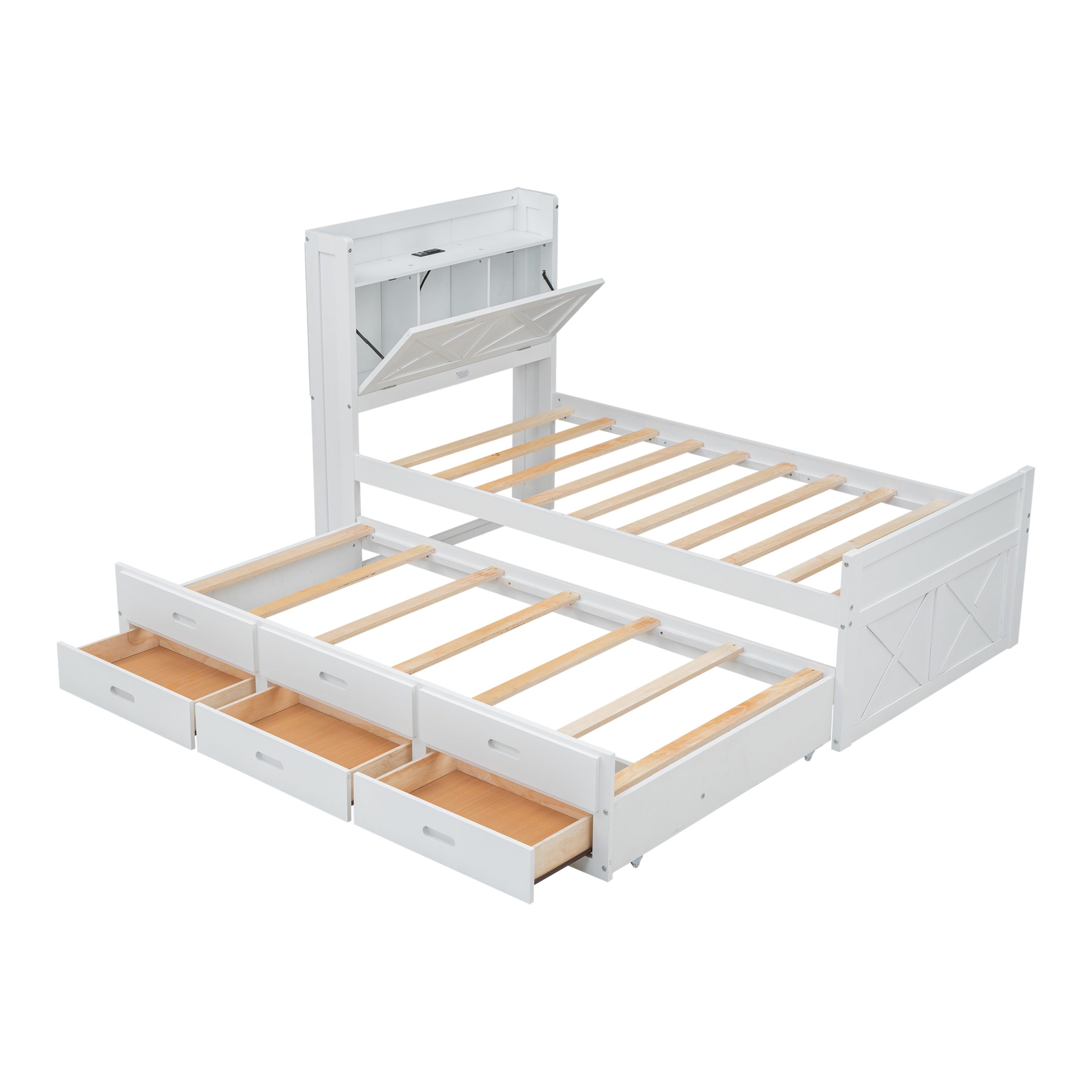 Twin Size Wooden Bed with Storage Headboard with Outlets, Extendable Bed with Twin Size Trundle with Three Storage Drawers,White - Image 5