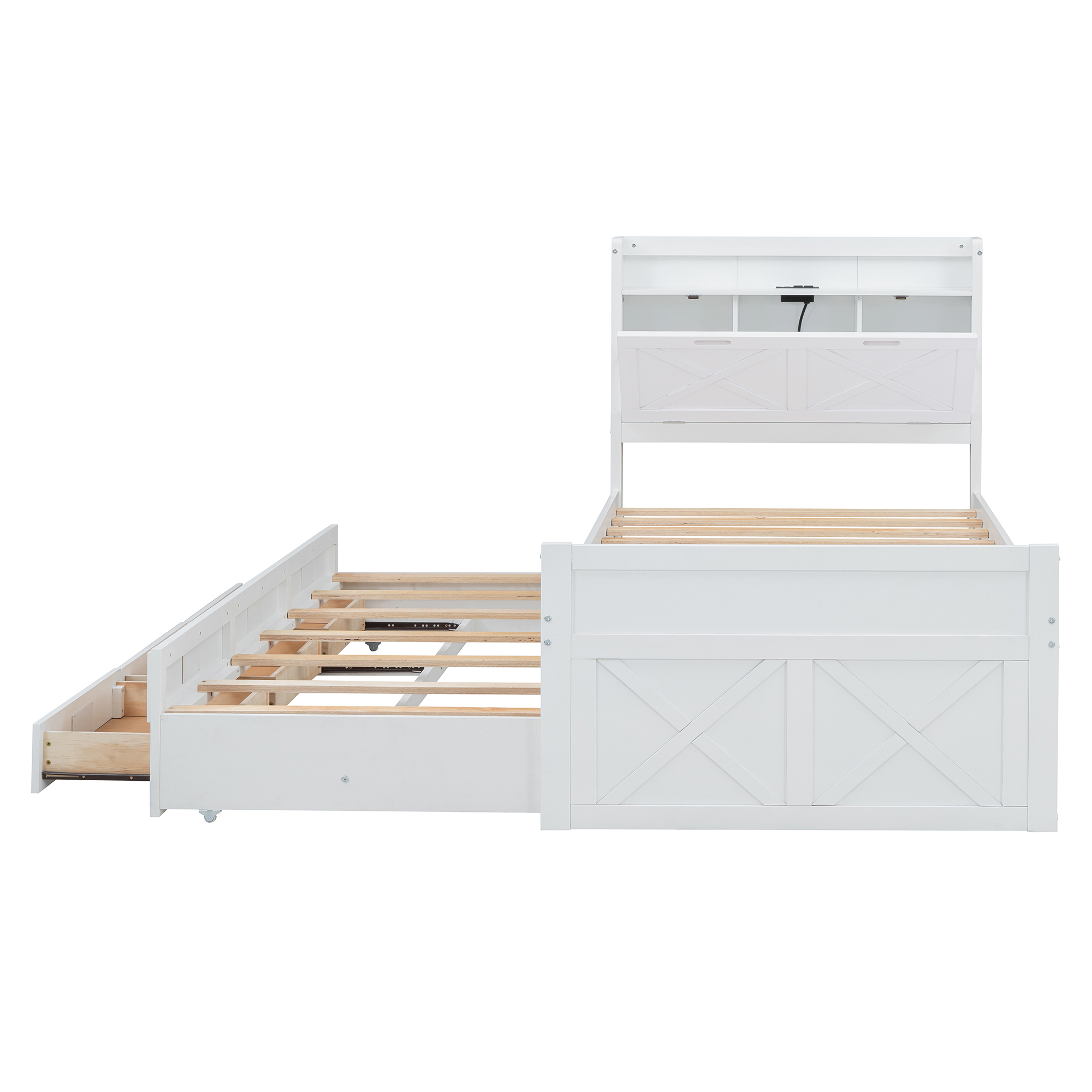 Twin Size Wooden Bed with Storage Headboard with Outlets, Extendable Bed with Twin Size Trundle with Three Storage Drawers,White - Image 6