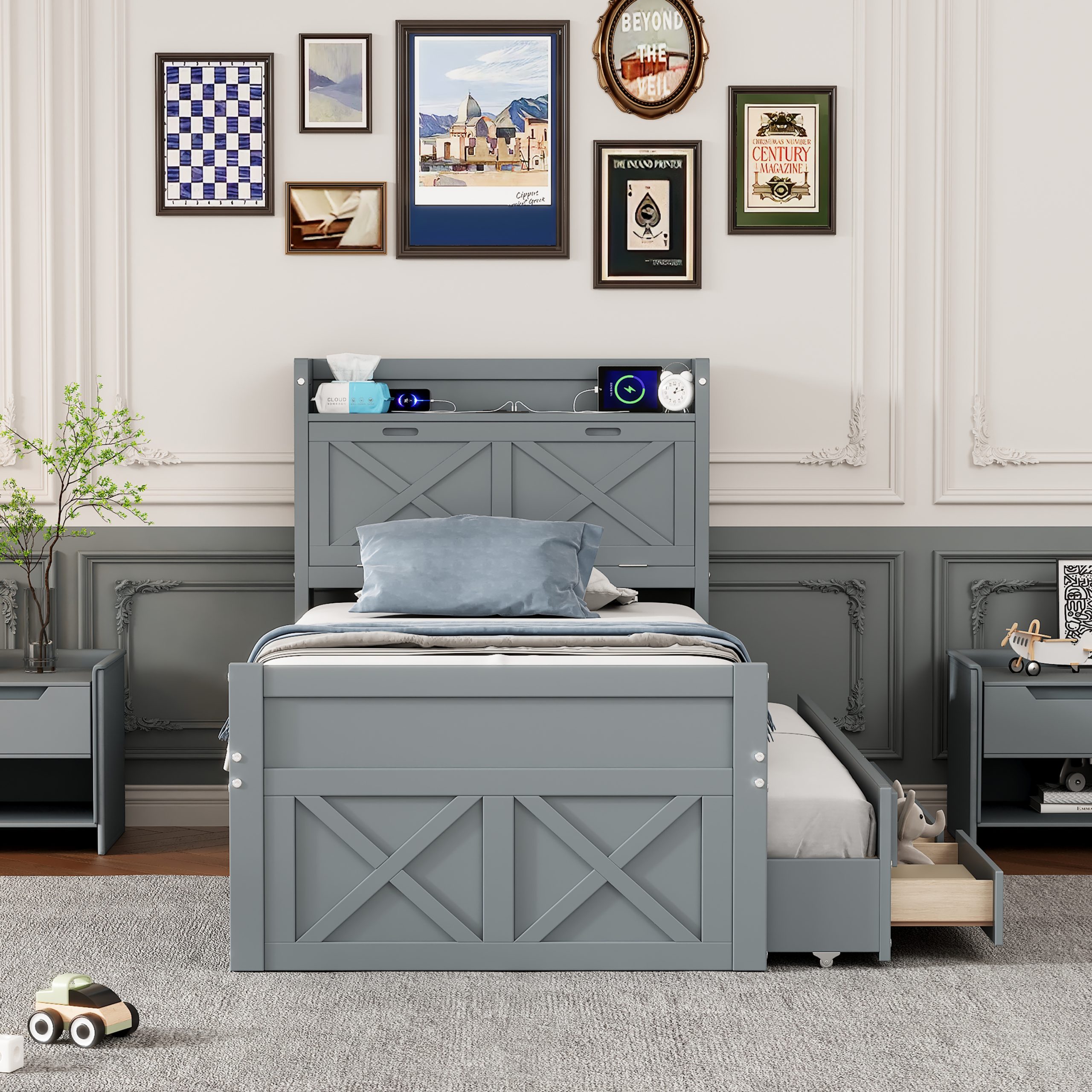 Twin Size Wooden Bed with Storage Headboard with Outlets, Extendable Bed with Twin Size Trundle with Three Storage Drawers,Gray - Image 2