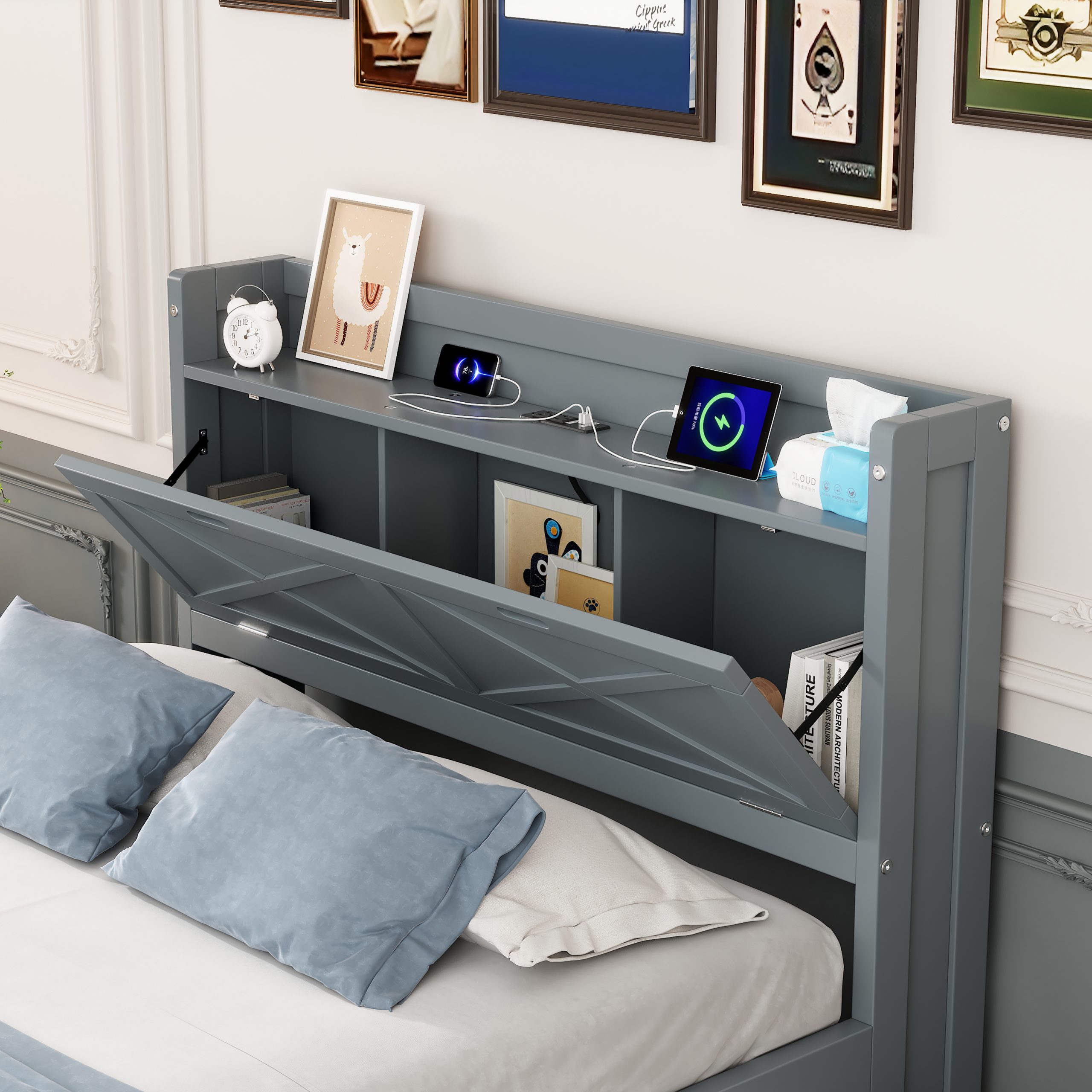 Twin Size Wooden Bed with Storage Headboard with Outlets, Extendable Bed with Twin Size Trundle with Three Storage Drawers,Gray - Image 3