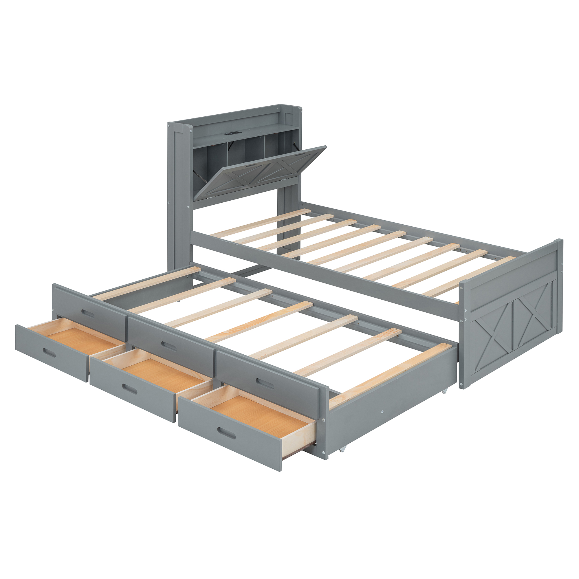 Twin Size Wooden Bed with Storage Headboard with Outlets, Extendable Bed with Twin Size Trundle with Three Storage Drawers,Gray - Image 5